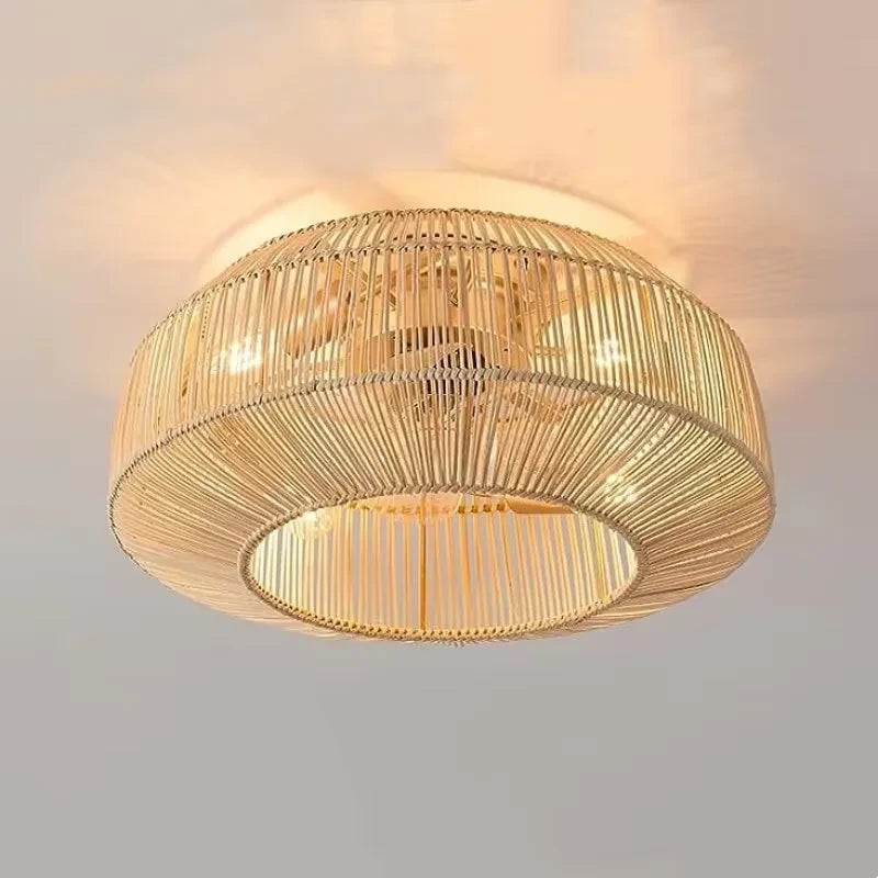 Of the fan's intricate rattan weave design, highlighting the elegant light fixture and remote control features
