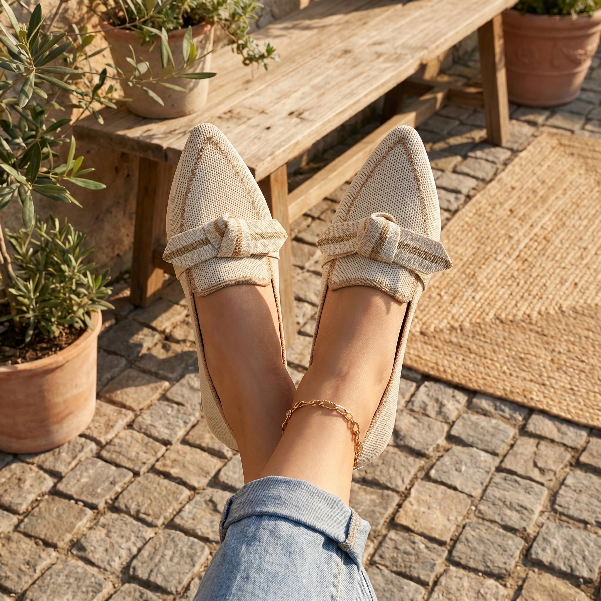 Close up view showing the soft fabric and intricate stitching of the Womens Supportive Orthopedic Loafers in a neutral color.