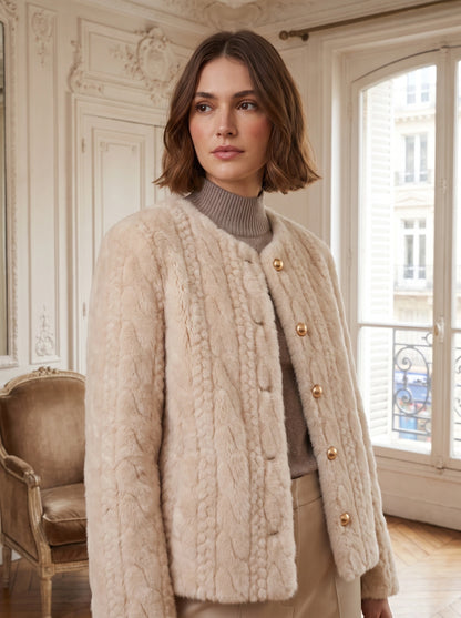 Close up view of the Womens Cropped Autumn Coat showing the intricate stitching and luxurious fabric texture in a warm autumn hue.
