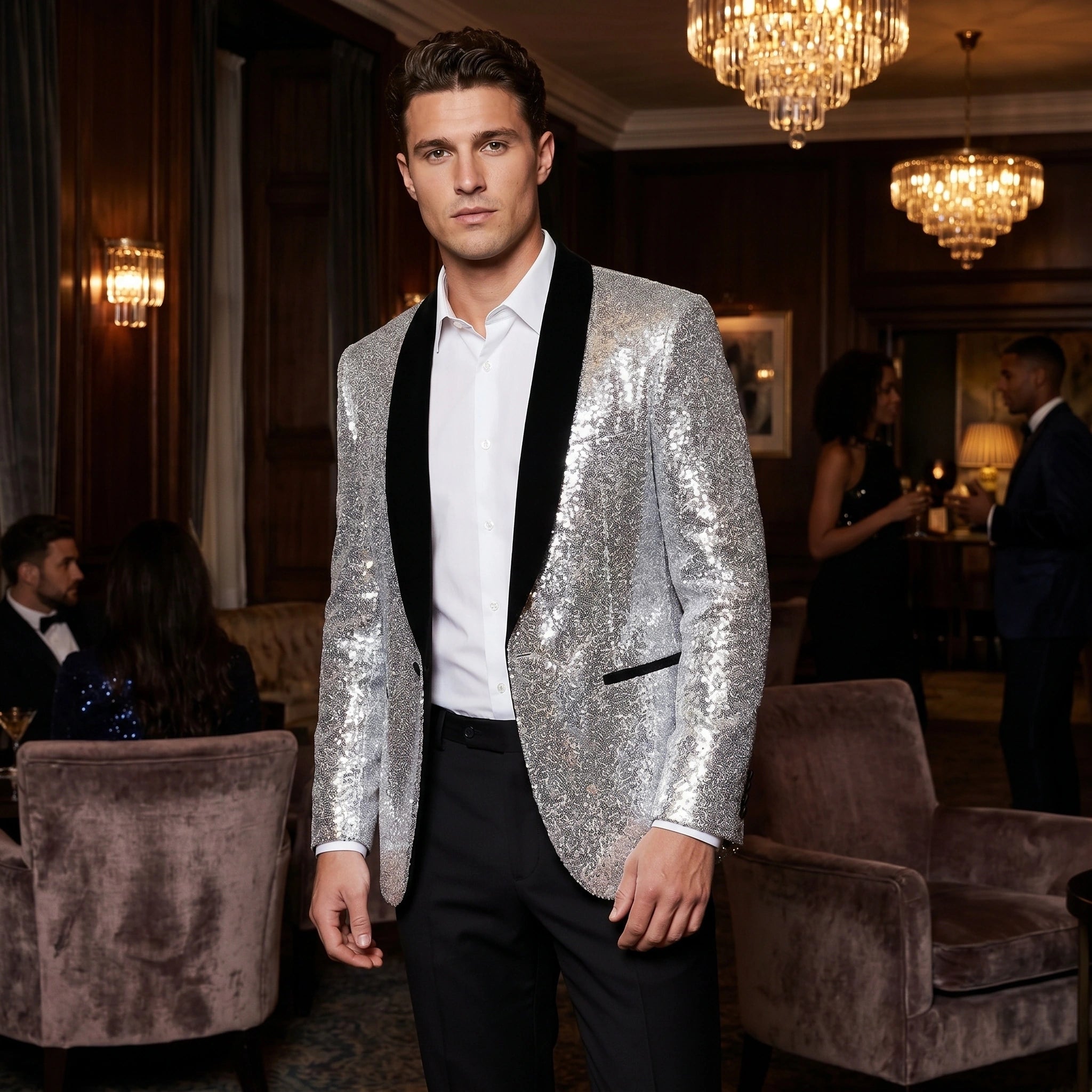Close up of the Mens Dazzling Sleek Evening Blazer showing the luxurious fabric and precise stitching, emphasizing its design and slim fit.