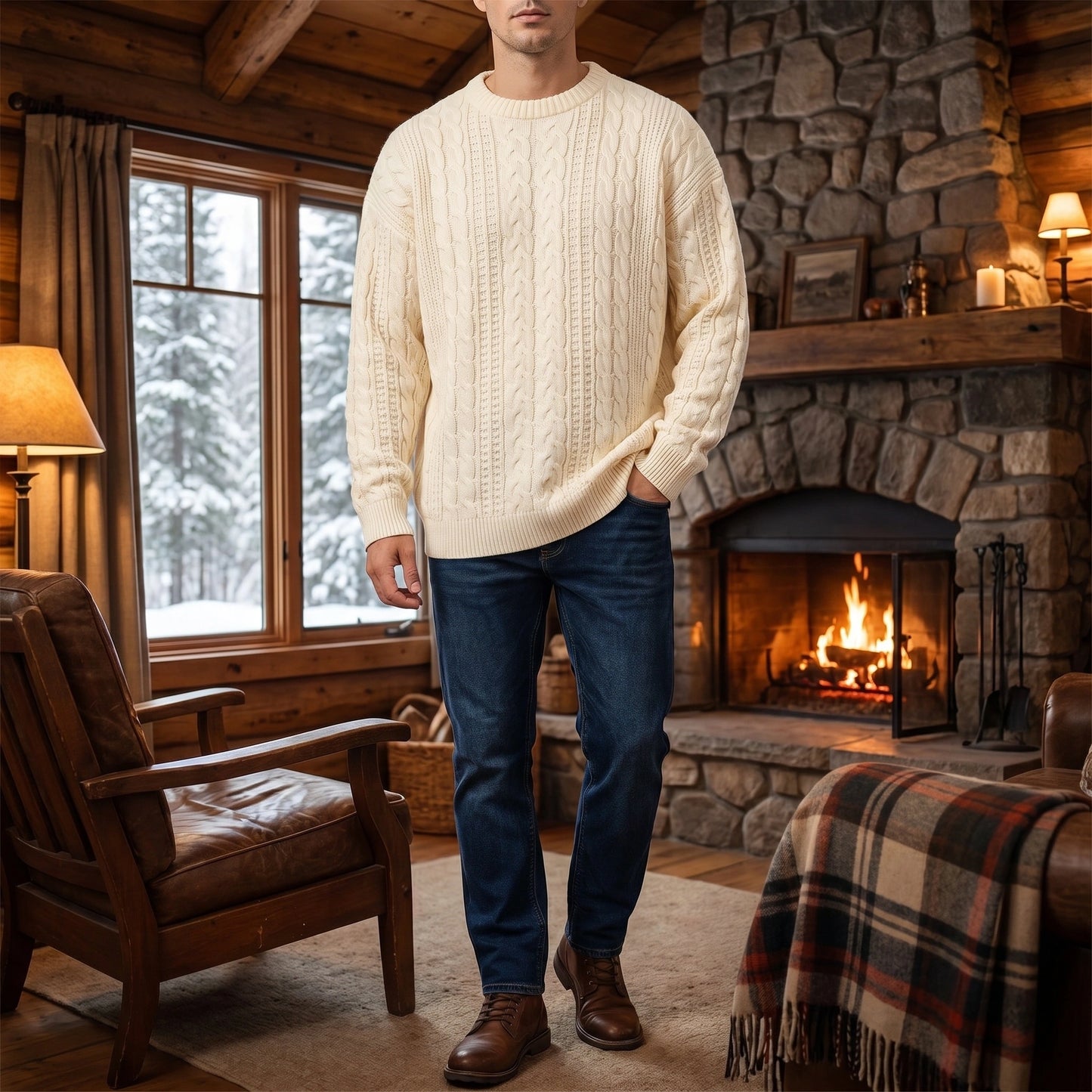 Back view of a men's classic cable knit quarter zip sweater in a rich navy color, showing its intricate knit construction and collar design.