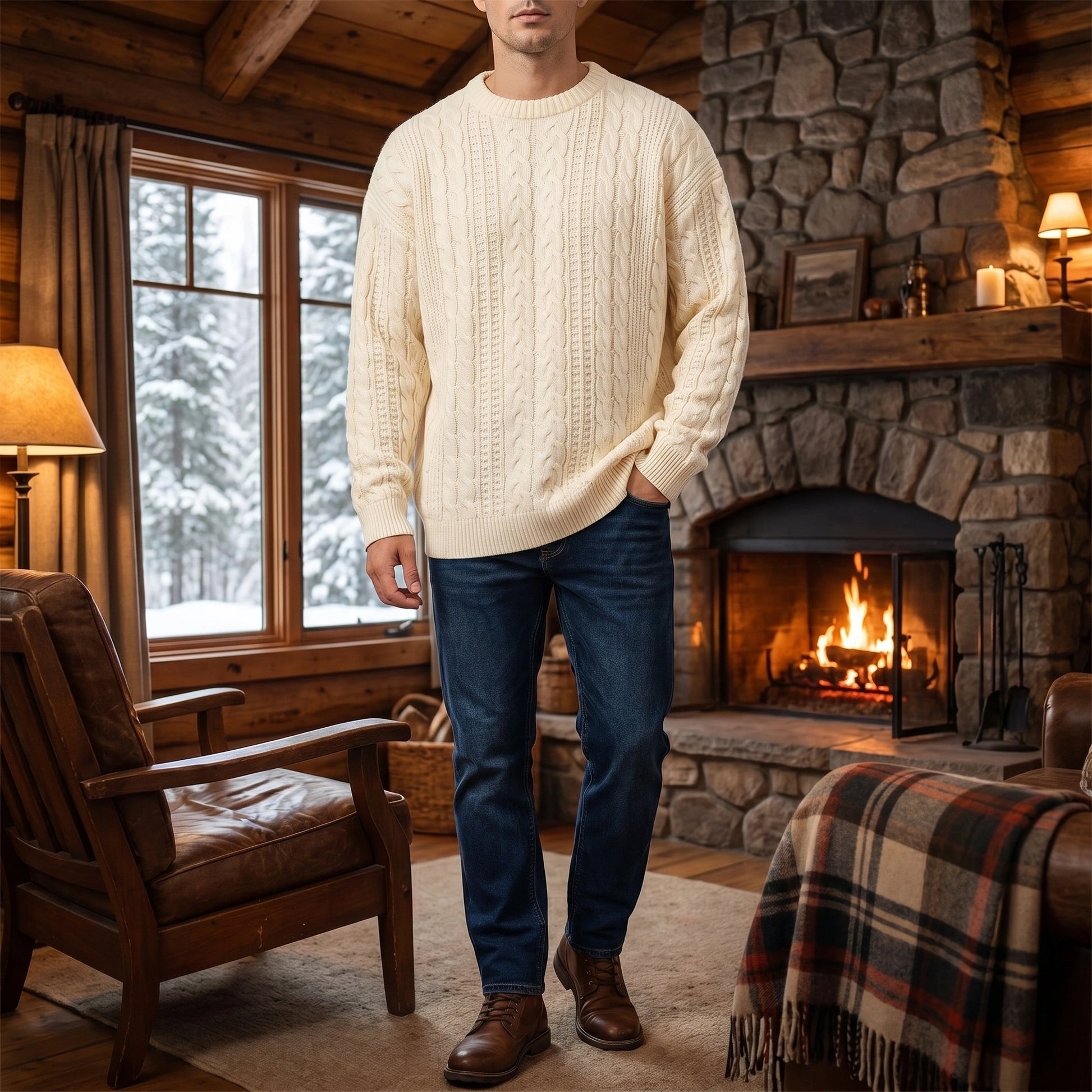 Back view of a men's classic cable knit quarter zip sweater in a rich navy color, showing its intricate knit construction and collar design.