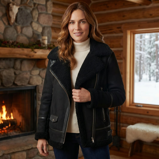 A model showcases a women's cozy winter jacket in a classic aviator silhouette, paired with high waisted jeans against a neutral backdrop.