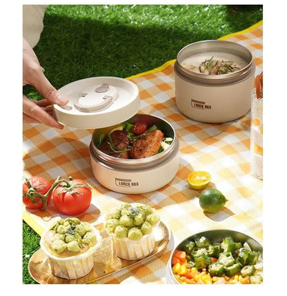 View of a chic insulated meal container set in a sleek gray finish, featuring secure lids and a compact design for easy transport
