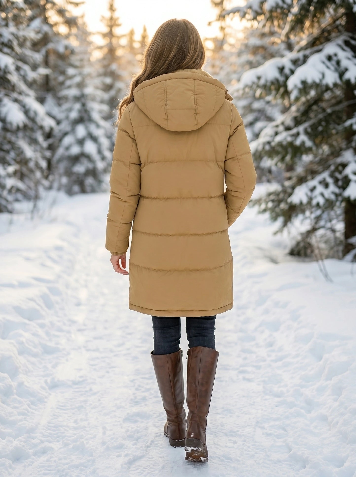 Front view of a model wearing a women's flattering quilted winter puffer jacket in a deep navy color, styled with high waisted jeans against a neutral backdrop.
