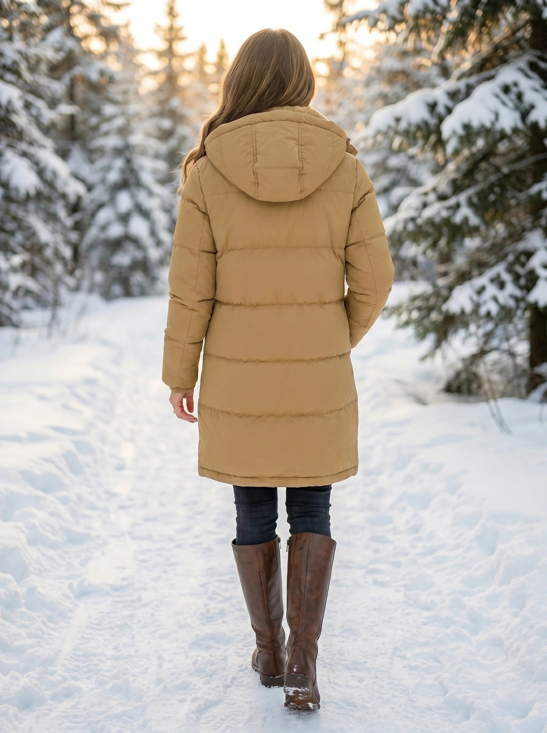 Front view of a model wearing a women's flattering quilted winter puffer jacket in a deep navy color, styled with high waisted jeans against a neutral backdrop.