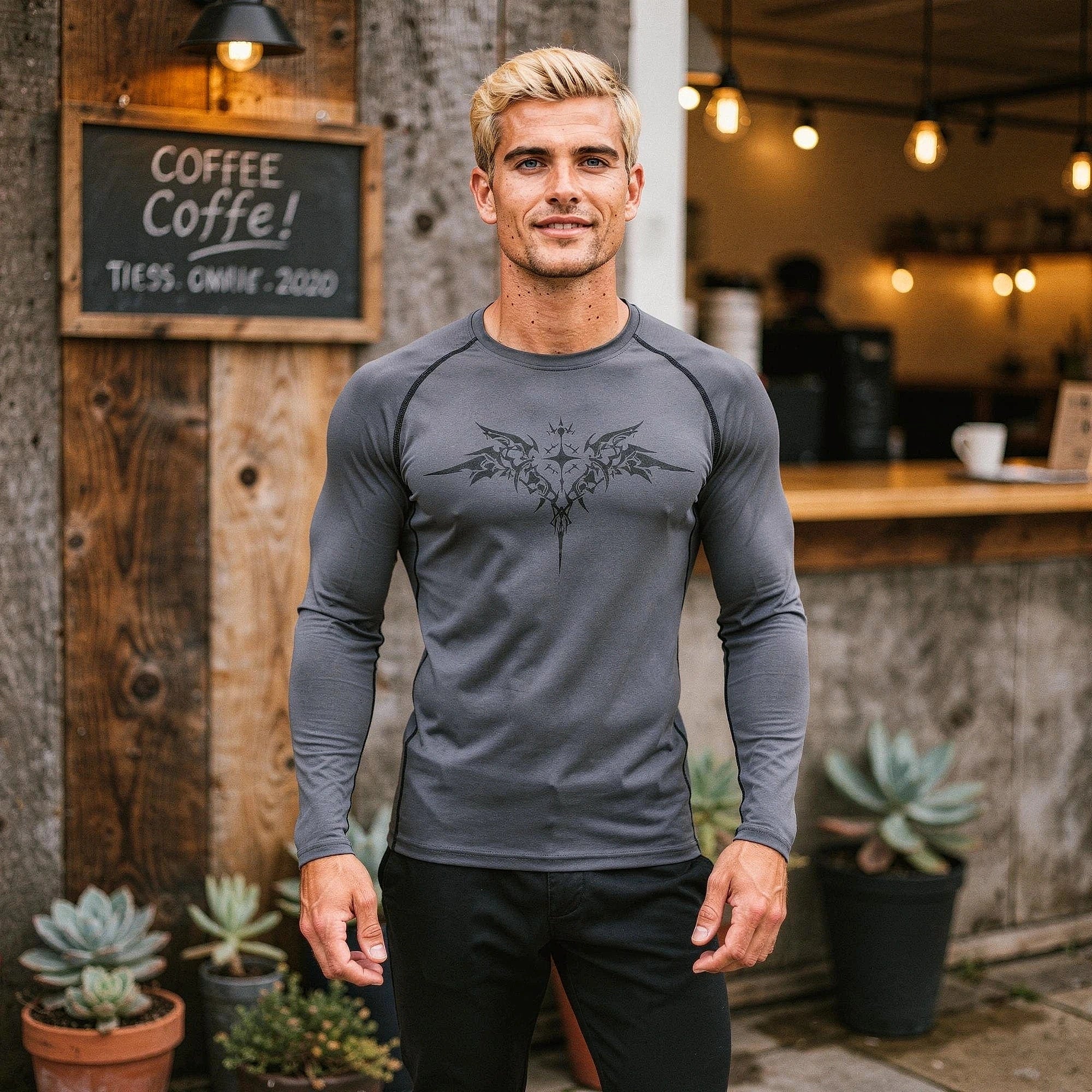 Black men's compression tee made of quick drying material, featuring short sleeves and a fitted design, view