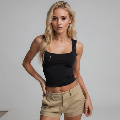 View of a sleek, effortless summer crop top in light beige, featuring a fitted design and soft, breathable fabric