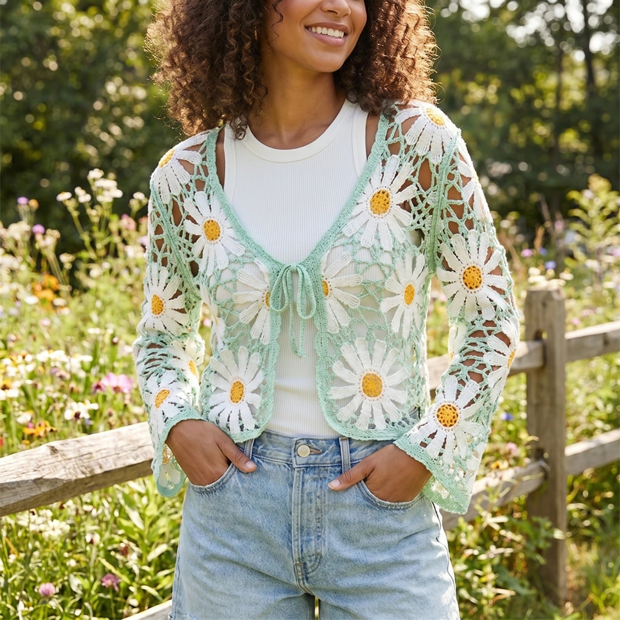 Close up view of the lightweight, sheer fabric of the Womens Sheer Boho Summer Cardigan, showing intricate stitching and a flowing, design ideal for summer outfits.