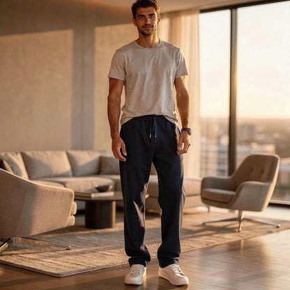 Light gray relaxed casual pants made from soft cotton, featuring an elastic waistband and pockets, view