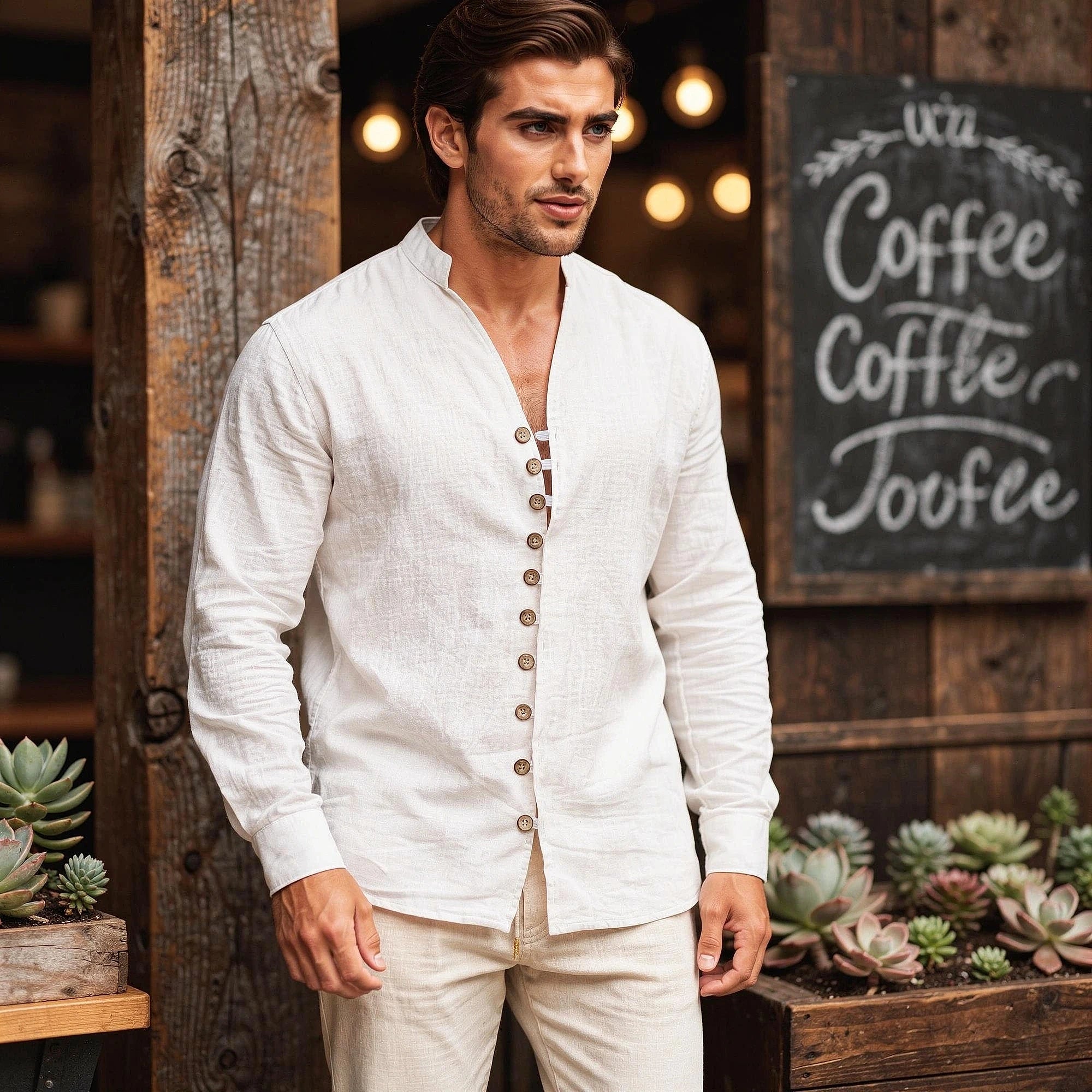 Lightweight cotton linen beach shirt in light blue, featuring a slim fit, long sleeves, and a stand collar, view
