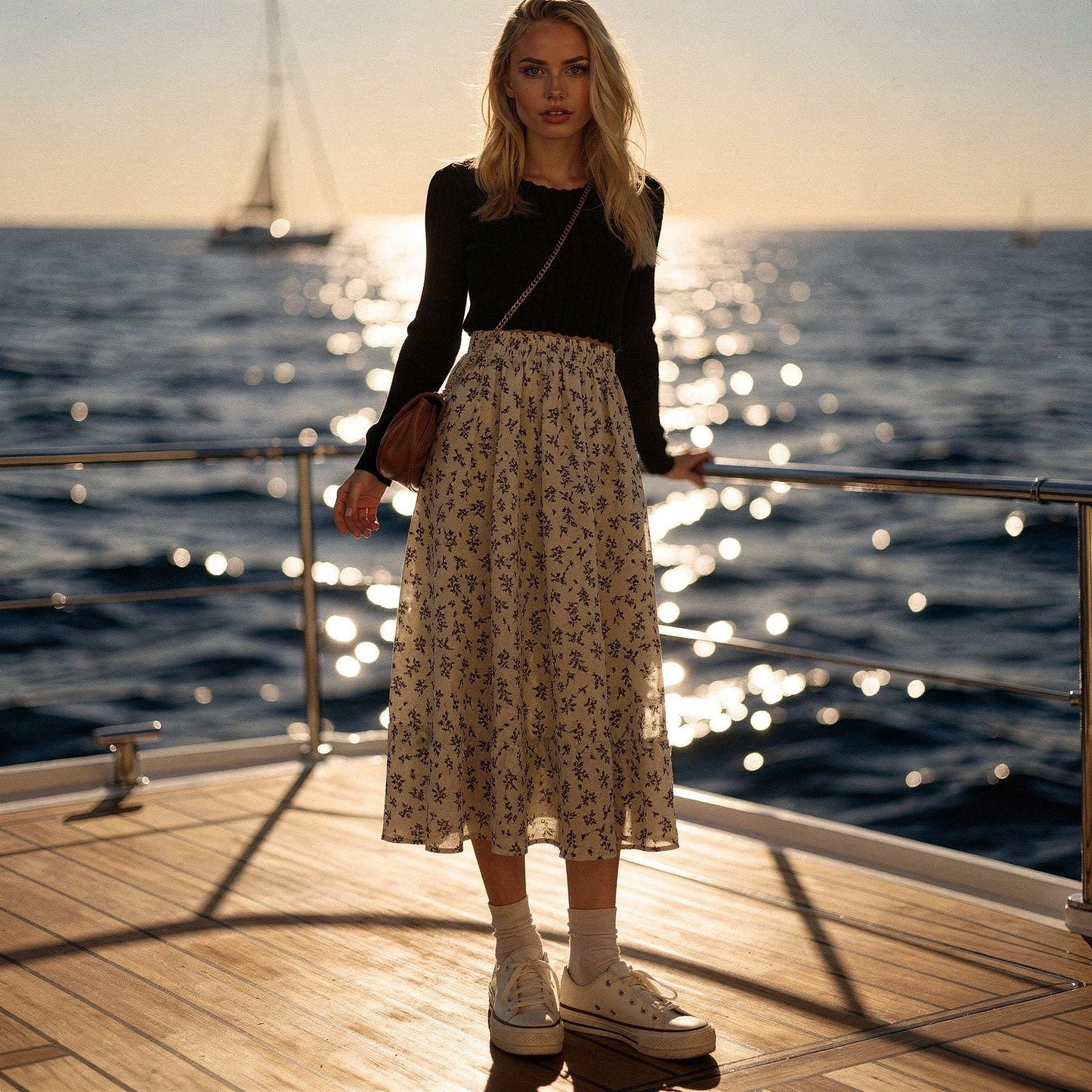 Light pink midi skirt made of flowy fabric, featuring a tiered design and delicate floral patterns, view