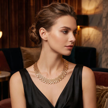 Back view of a model showing the Womens Bold Statement Necklace, showing its intricate design and silhouette against a soft, neutral background.