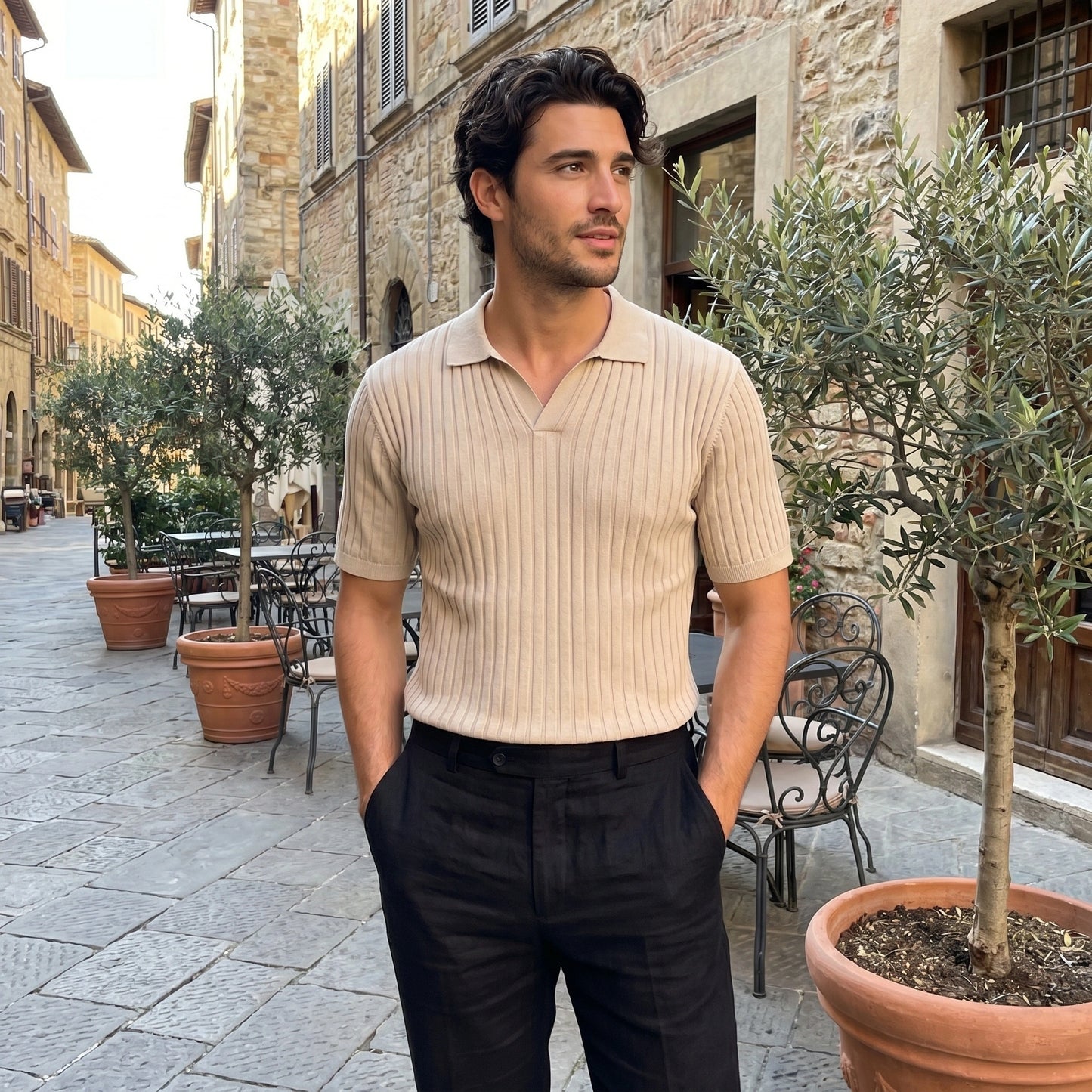 Back view of a model wearing a navy blue men's versatile summer polo shirt, showing the shirt's construction details against a neutral background.