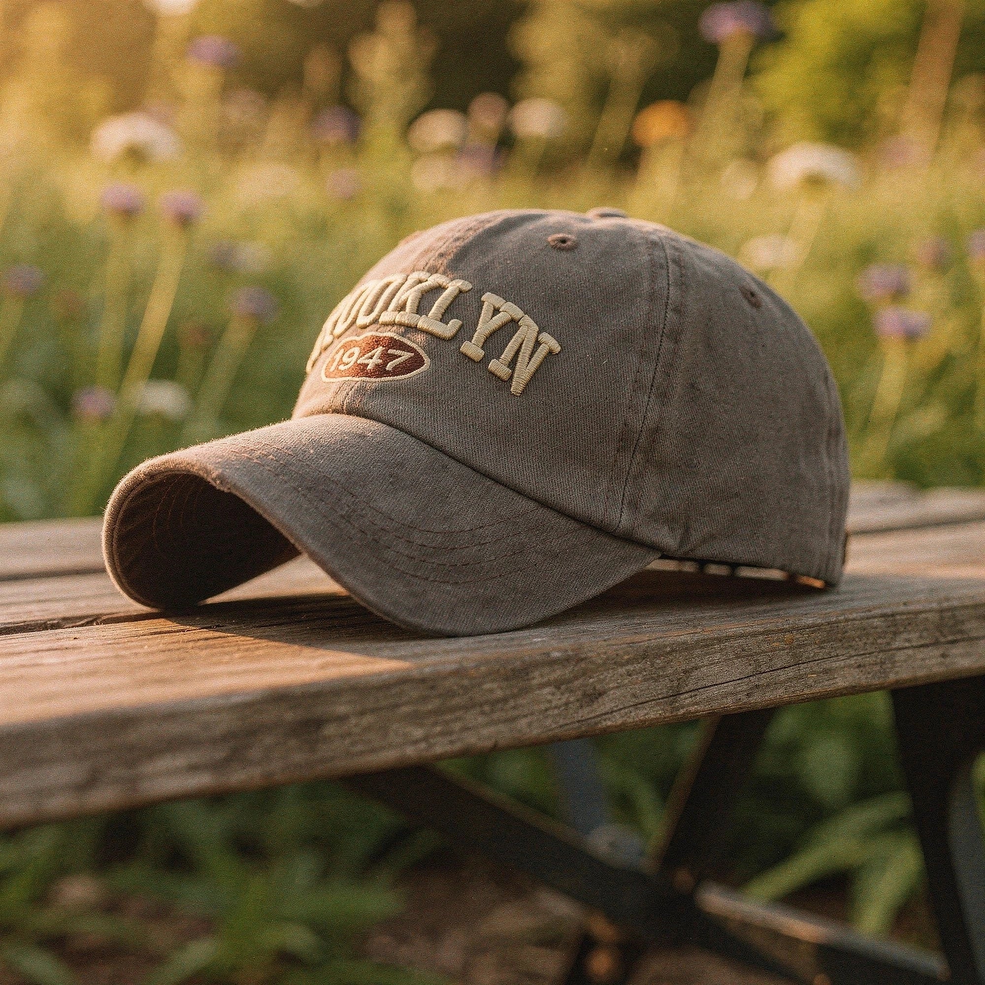 View of a navy blue embroidered cap featuring a stylish design and adjustable strap at the