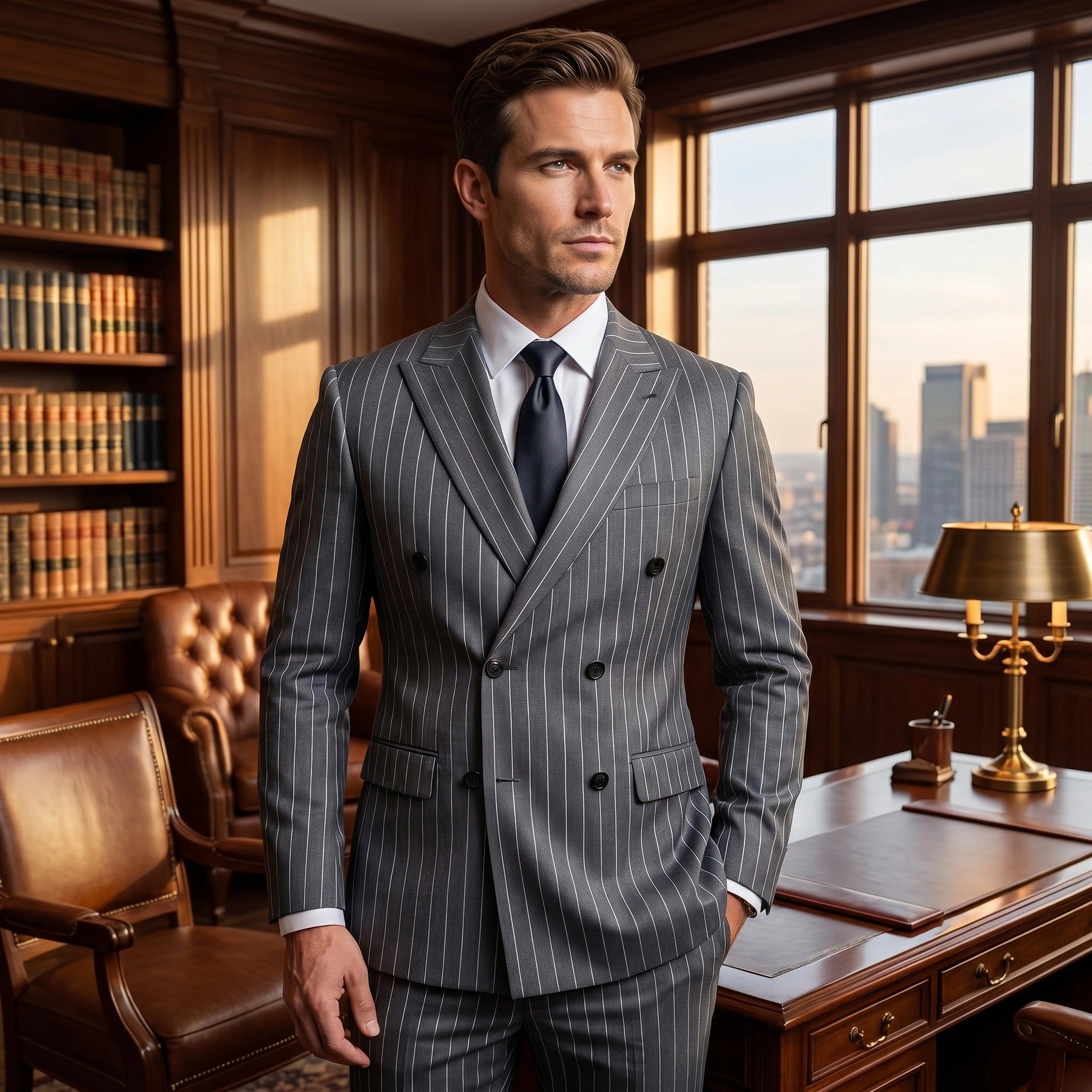 Back view of a model wearing a mens tailored sophisticated suit in navy, showing the precise stitching and silhouette against a neutral backdrop.