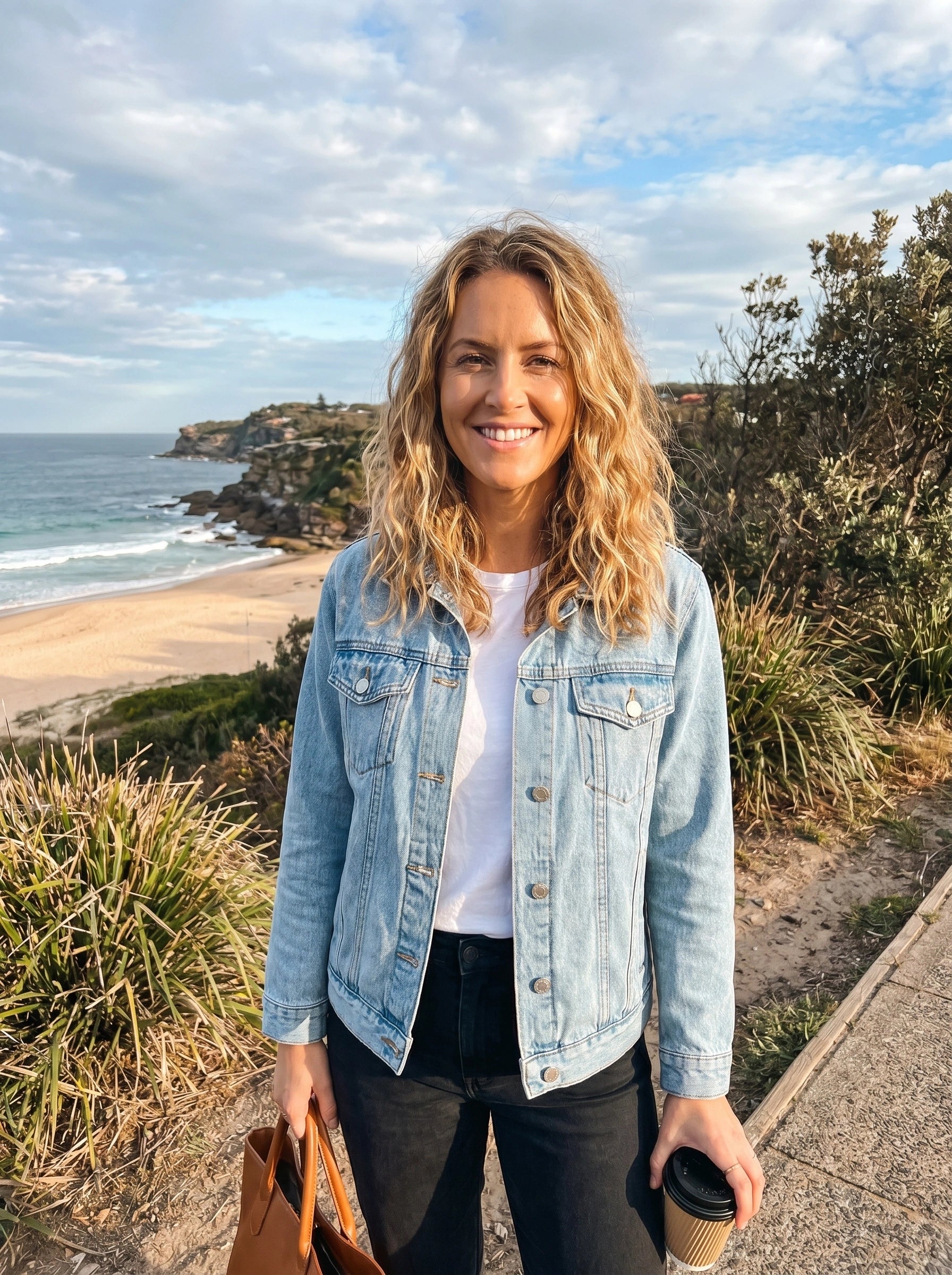 Back view of a model wearing a women's effortless relaxed denim jacket in a light wash, showing stitching details against a neutral background.