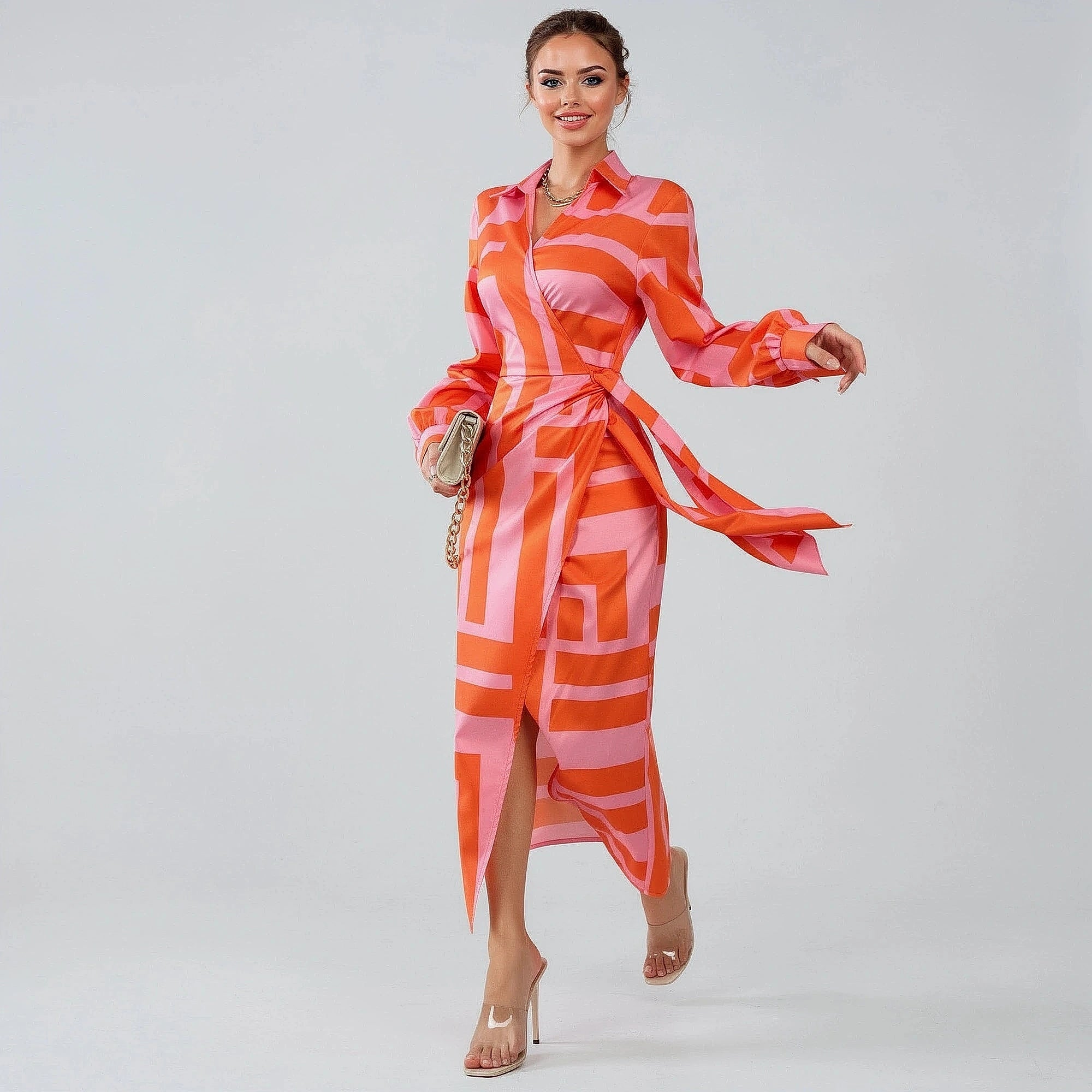 View of a flattering wrap dress featuring a vibrant floral print, short sleeves, and a cinched waist in soft fabric