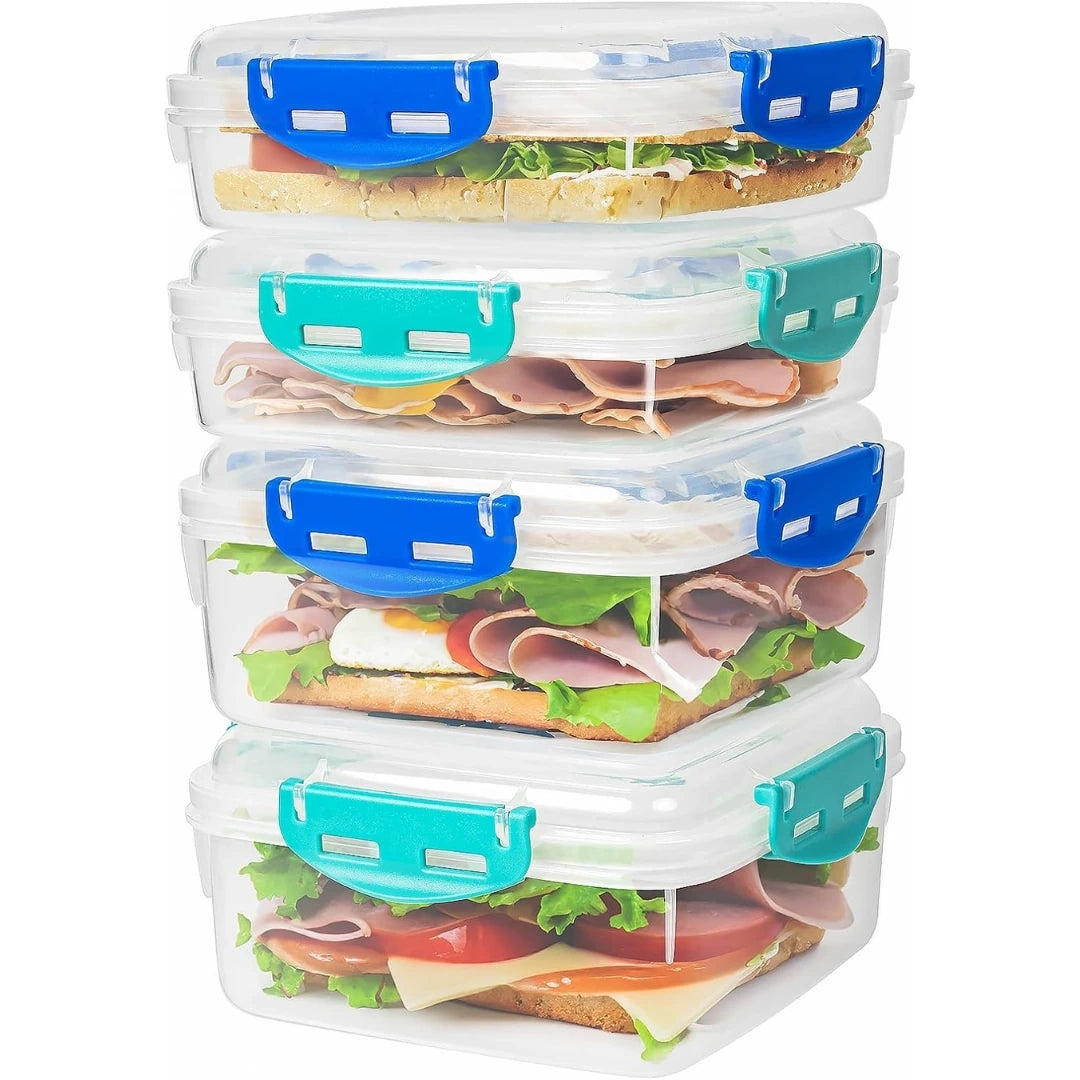 View of a sleek BPA free airtight lunch box set in vibrant colors, showcasing the secure locking mechanism and smooth finish
