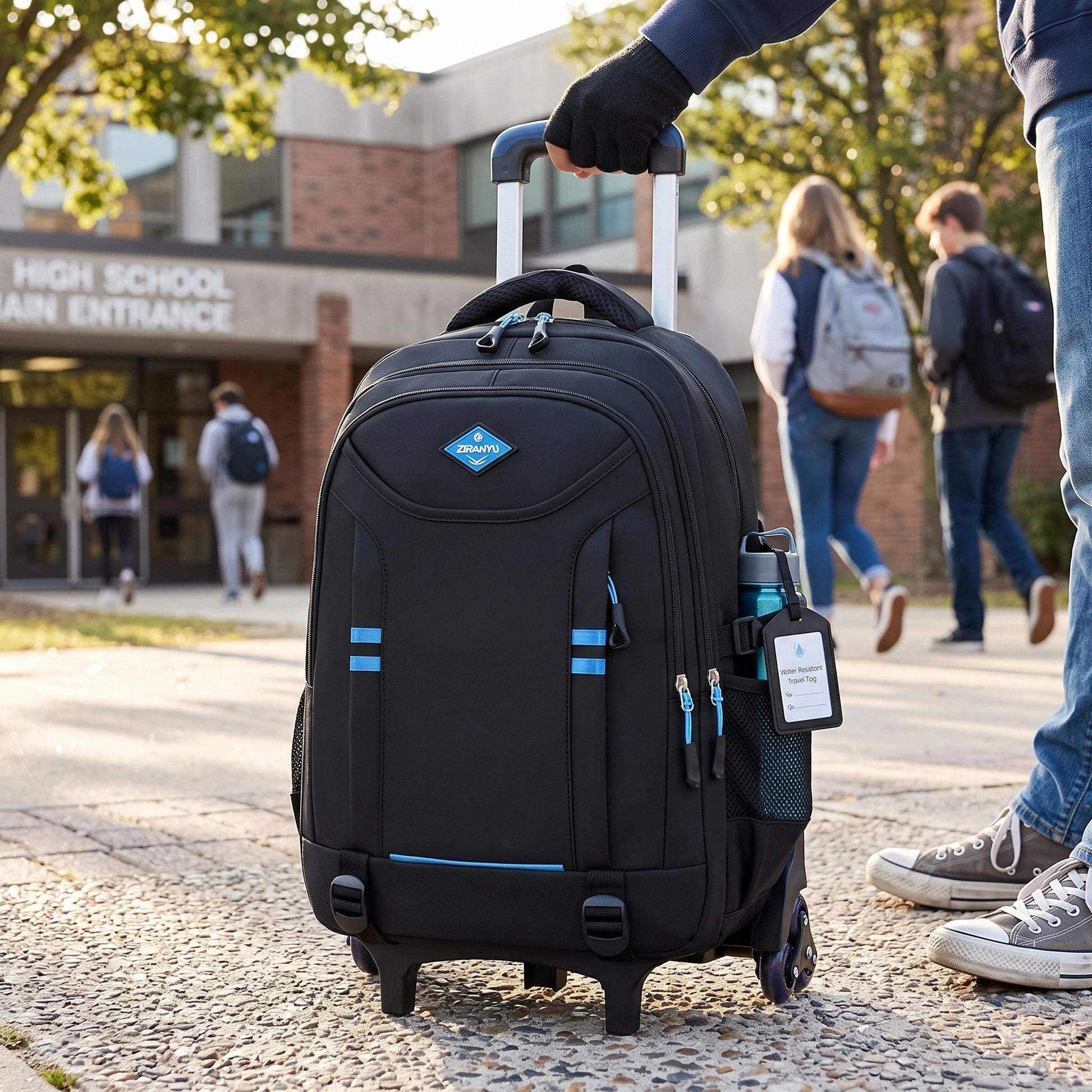 Close up view of the VoyageFlex Rolling School Backpack's durable fabric and intricate stitching, showing its quality and attention to for active boys.