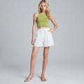 Light beige relaxed linen shorts with a comfortable fit and pockets, view