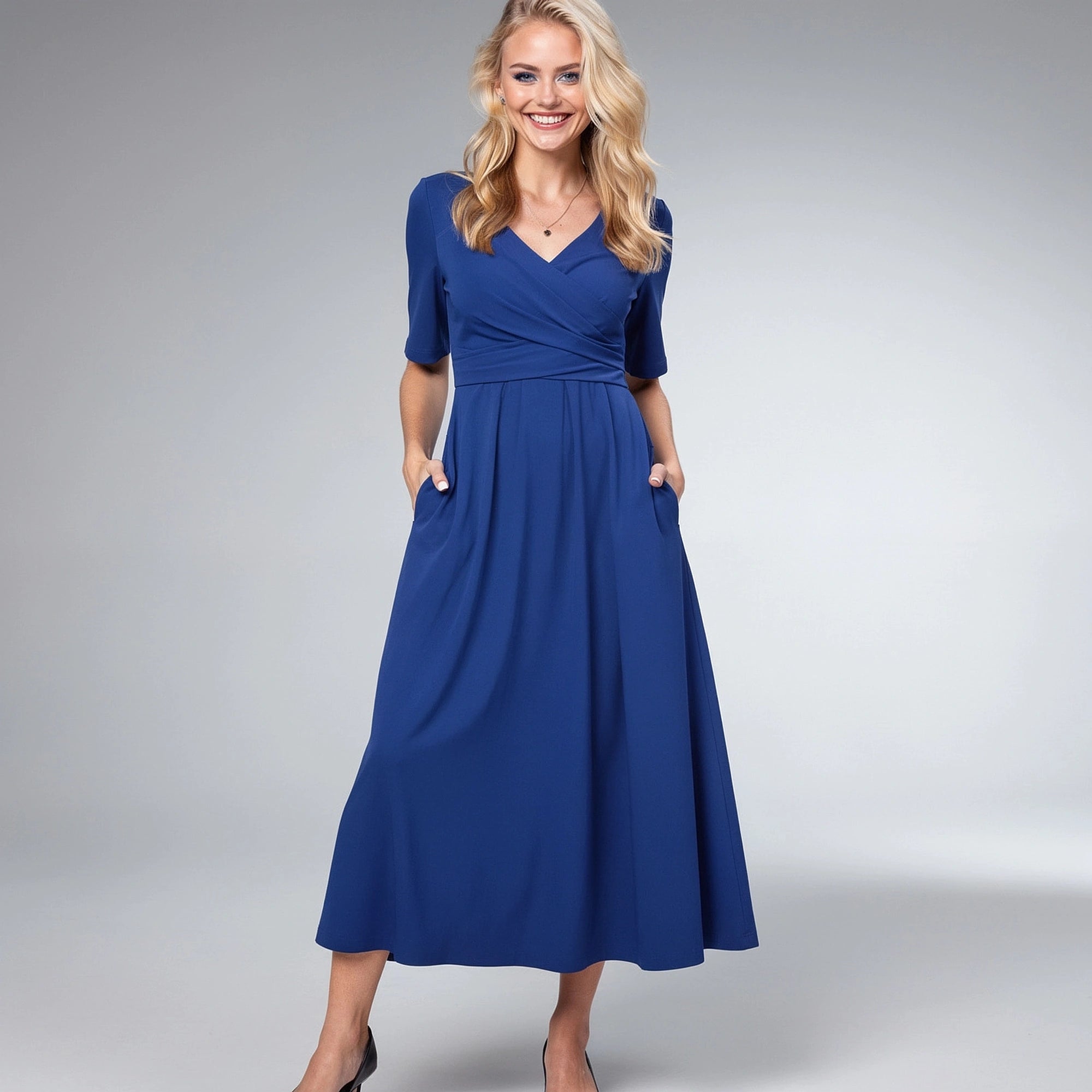 View of a chic v neck midi dress in soft fabric, featuring a flattering silhouette and elegant flow