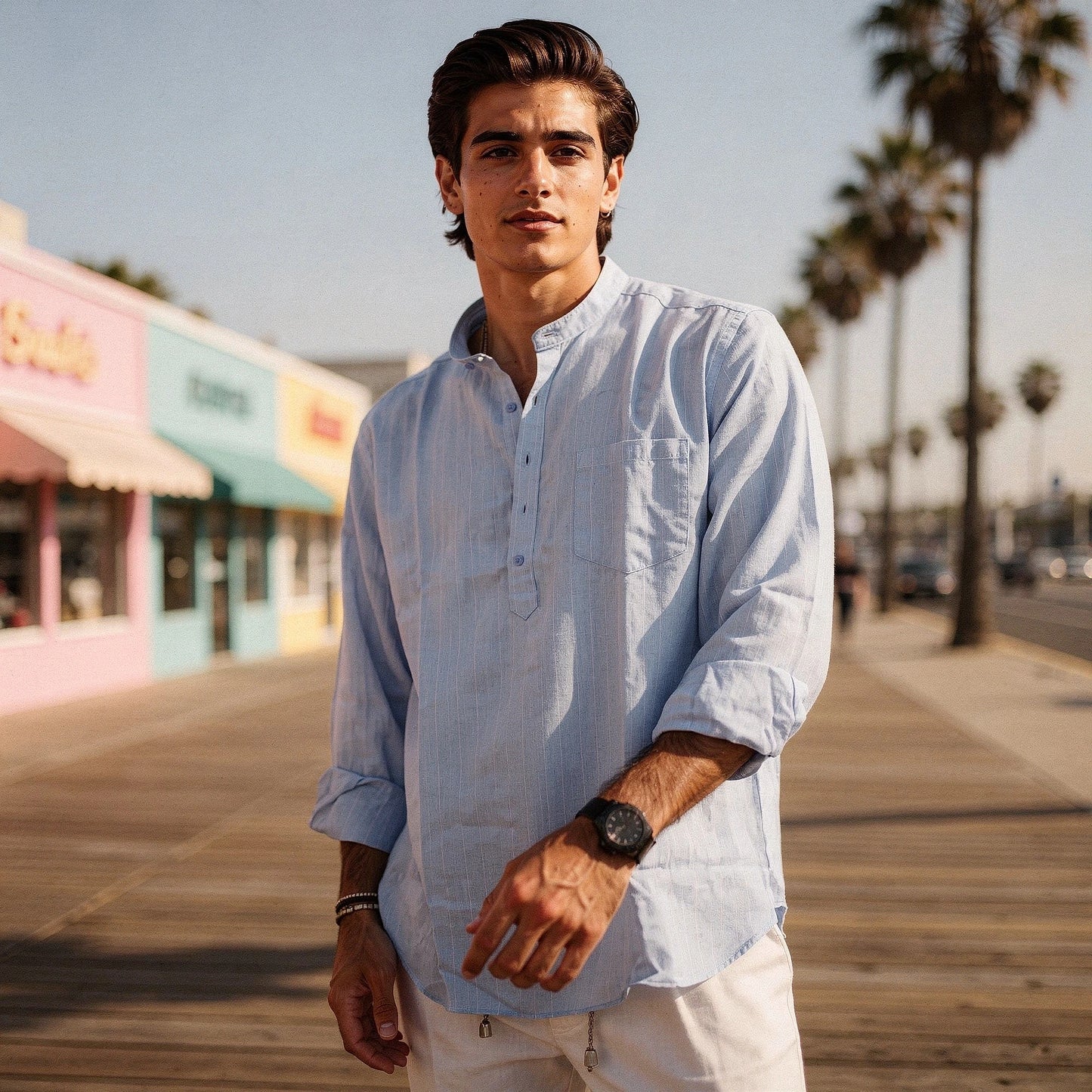 View of a lightweight, breathable summer henley shirt in light gray, featuring a relaxed fit and short sleeves