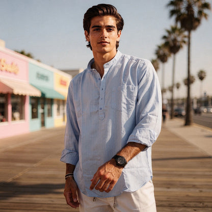 View of a lightweight, breathable summer henley shirt in light gray, featuring a relaxed fit and short sleeves