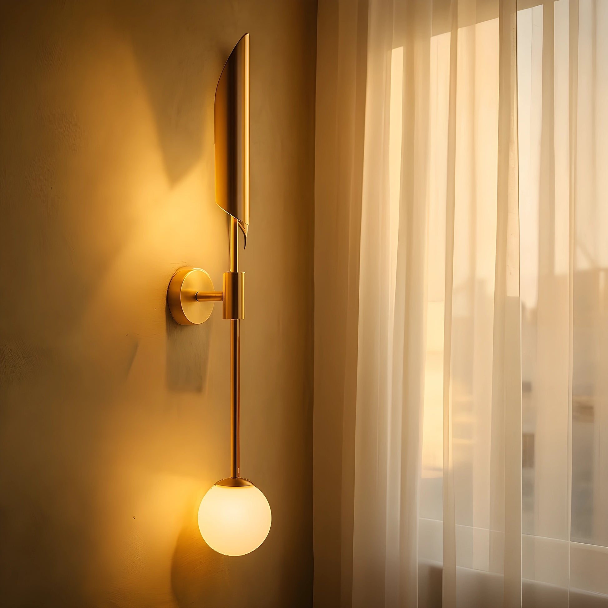 View of a brass wall sconce fixture featuring a refined Nordic design with dual light sources and elegant curves