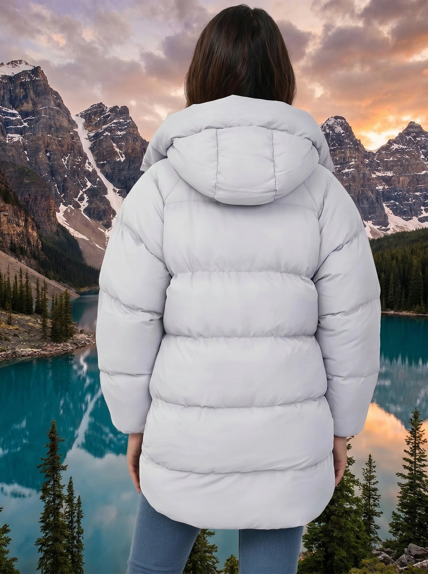 Back view of a model wearing a women's oversized winter puffer jacket in a sleek black color, showing the jacket's construction details and modern silhouette.