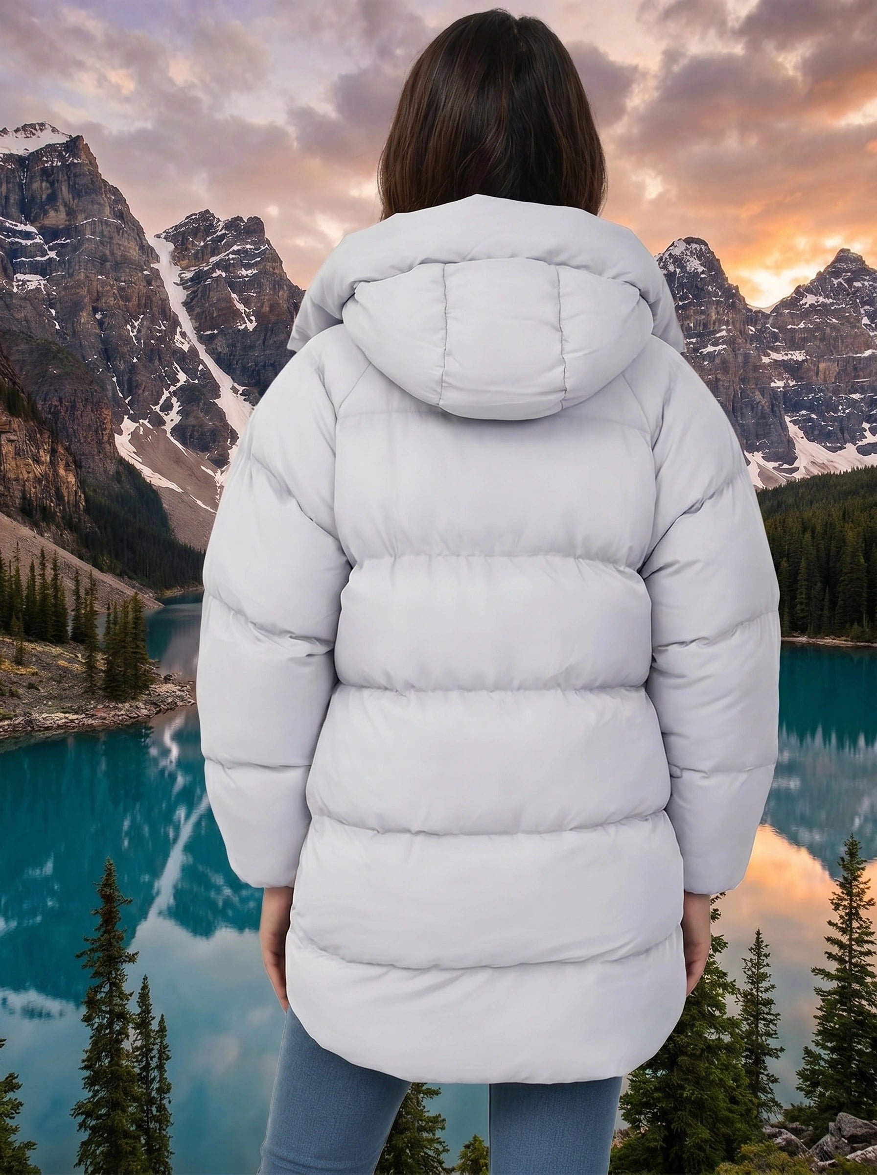 Back view of a model wearing a women's oversized winter puffer jacket in a sleek black color, showing the jacket's construction details and modern silhouette.