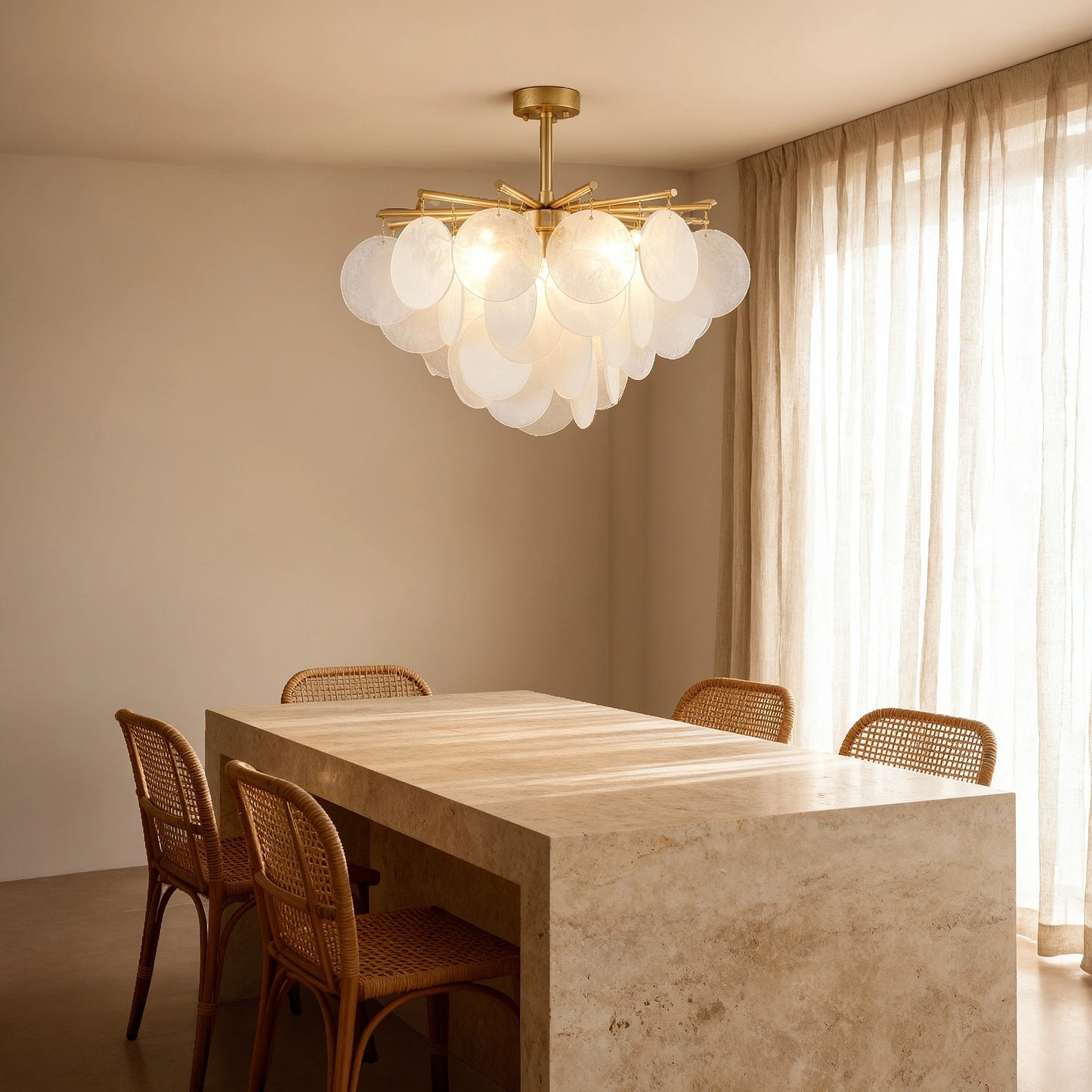 Close up view of the Layered Glass Chandelier showing intricate glass layers and design details against a softly lit dining room backdrop.