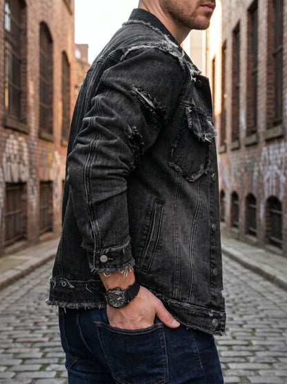 Close up of the men's casual sturdy relaxed denim jacket showing the rich blue fabric, precise stitching, and design elements for everyday wear.