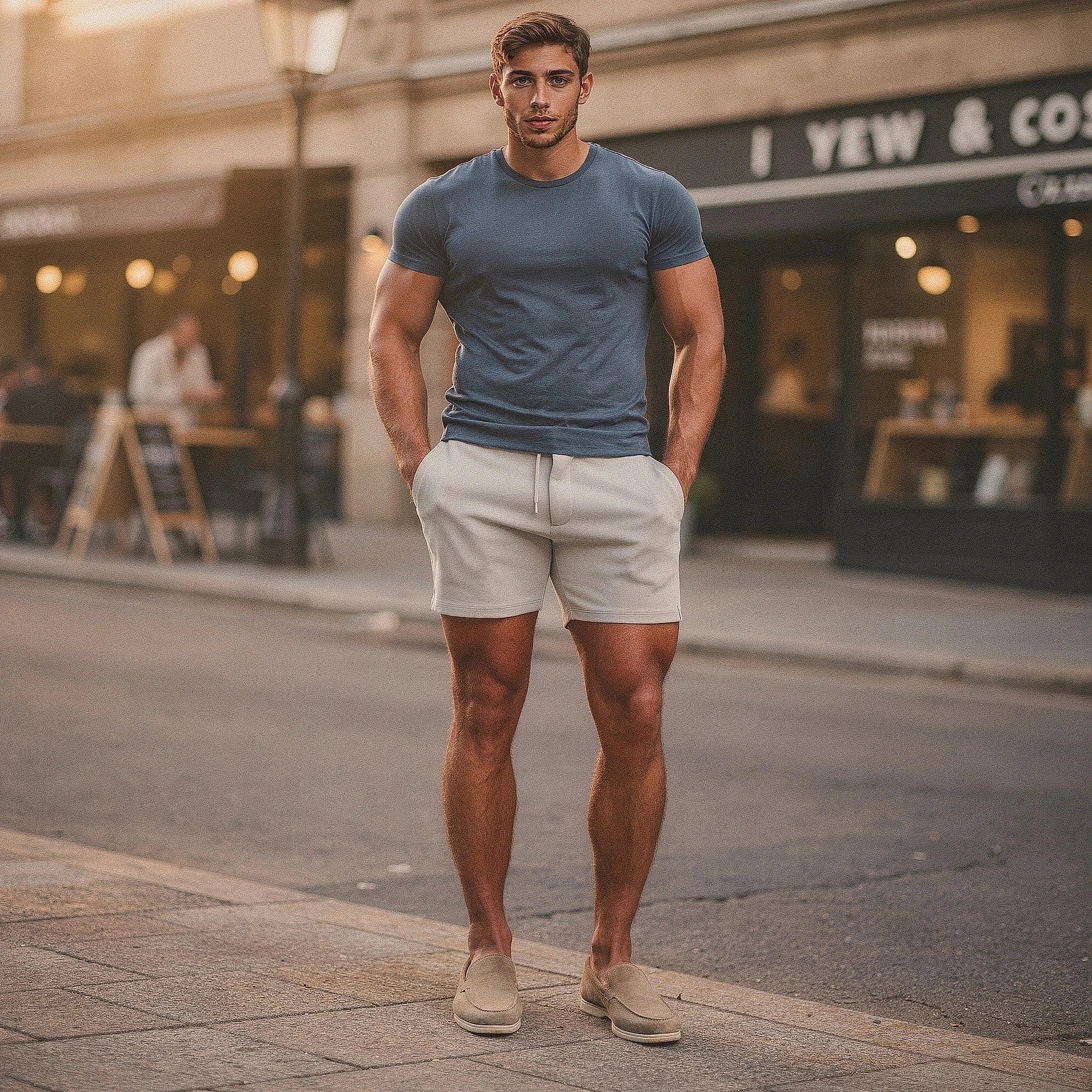 View of athletic fit textured jersey shorts in dark gray, featuring an elastic waistband and pockets