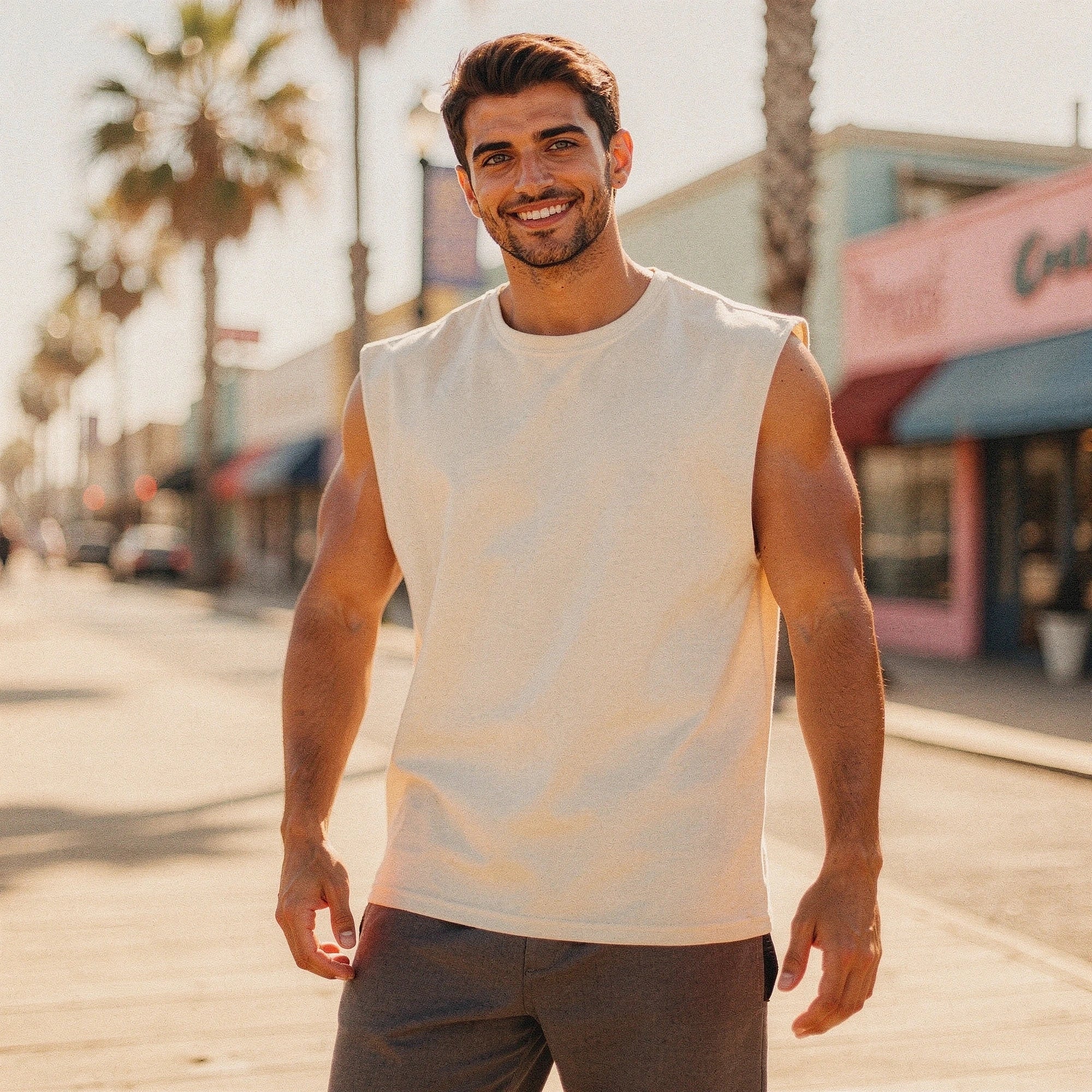 View of a lightweight, navy blue tank top made from breathable fabric, featuring a relaxed fit and narrow shoulder straps