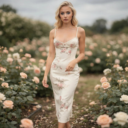 Elegant bodycon maxi dress featuring a vibrant floral print, detailed view showcasing the fabric and design elements