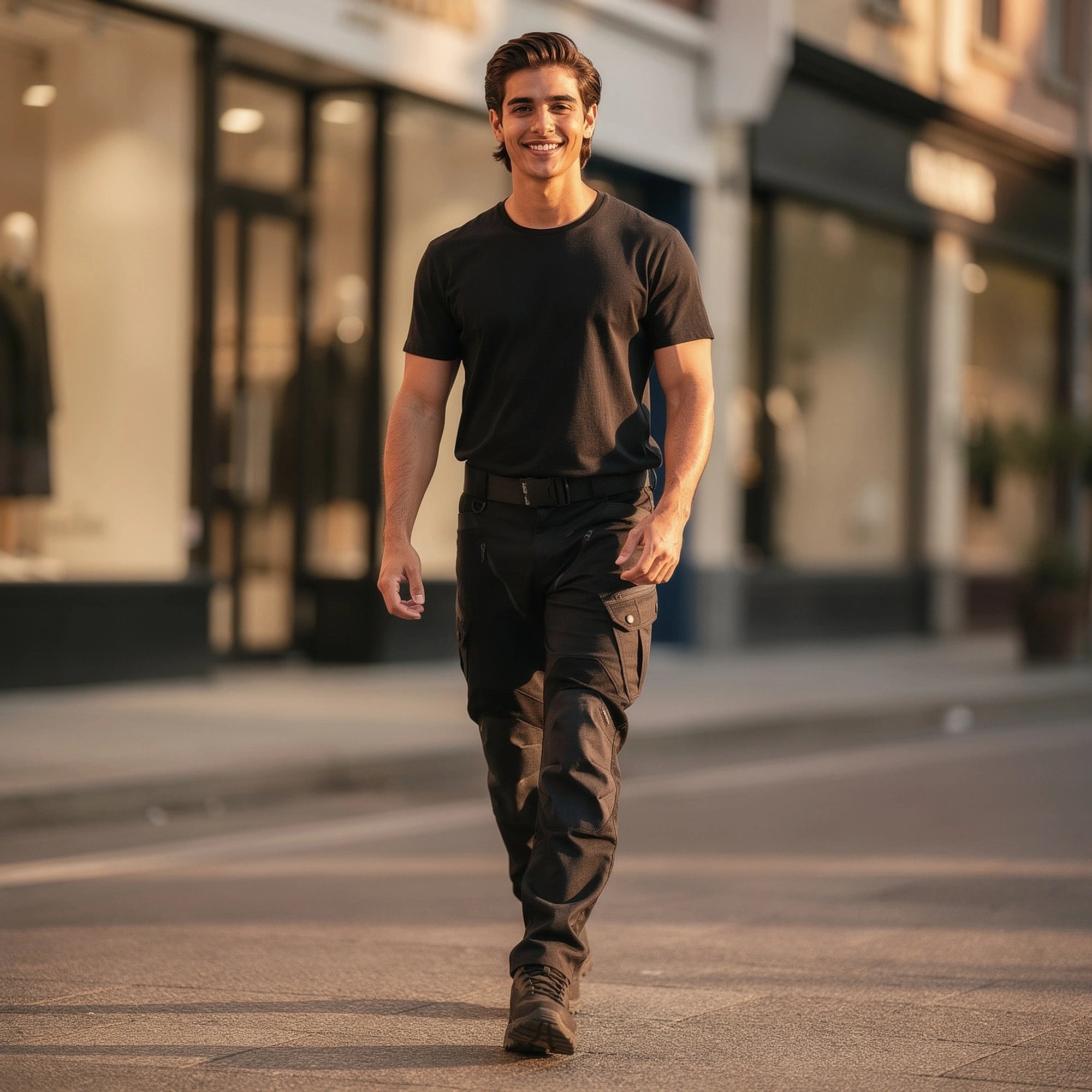 View of durable tactical cargo pants for men in olive green, featuring multiple pockets and reinforced stitching