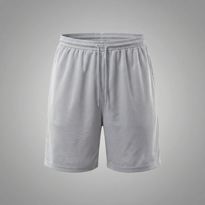 Close up view of the lightweight fabric and precise stitching of men's modern fit athletic shorts, showing their quality and performance features against a neutral background.