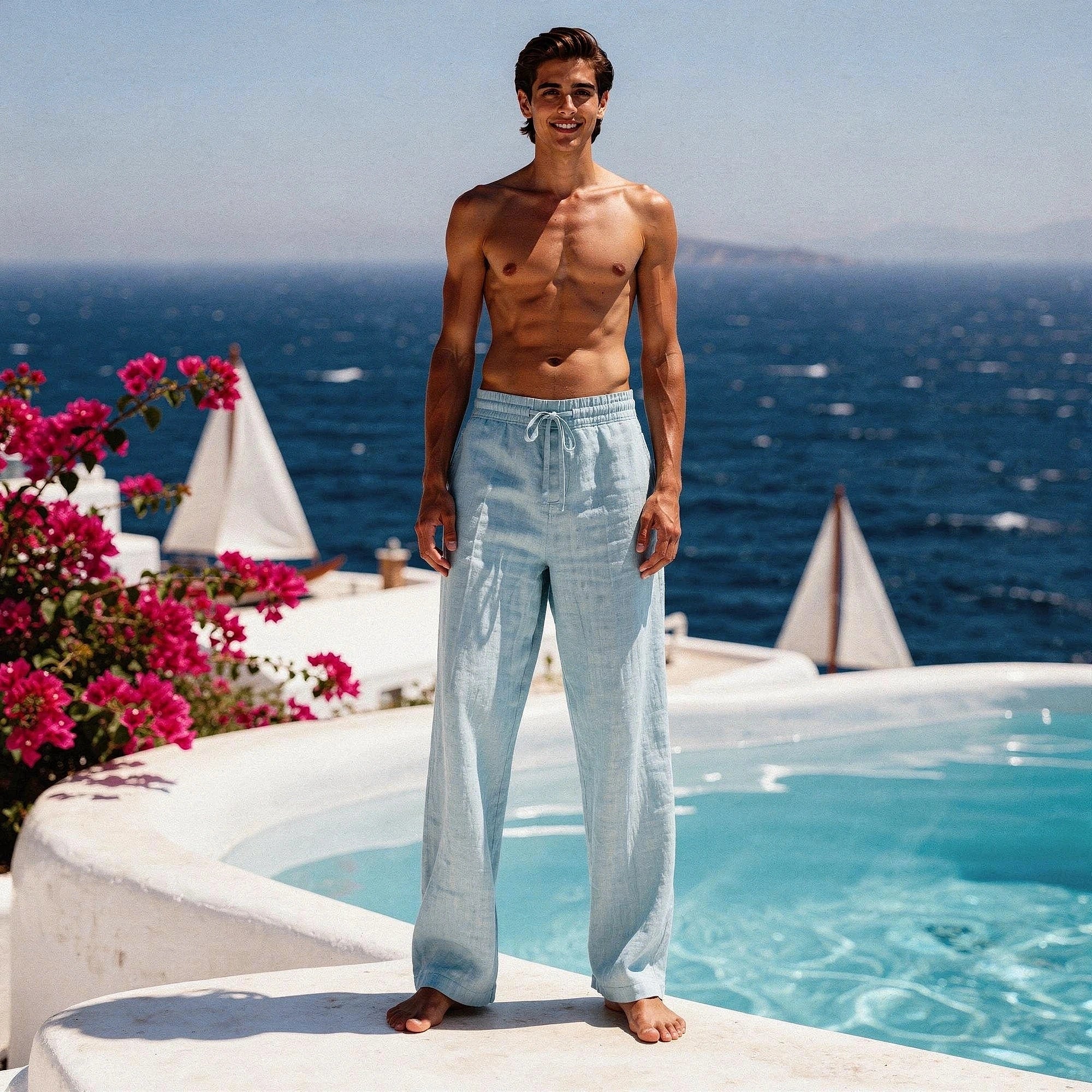 Lightweight casual trousers in a soft beige fabric, featuring a relaxed fit and pockets, view