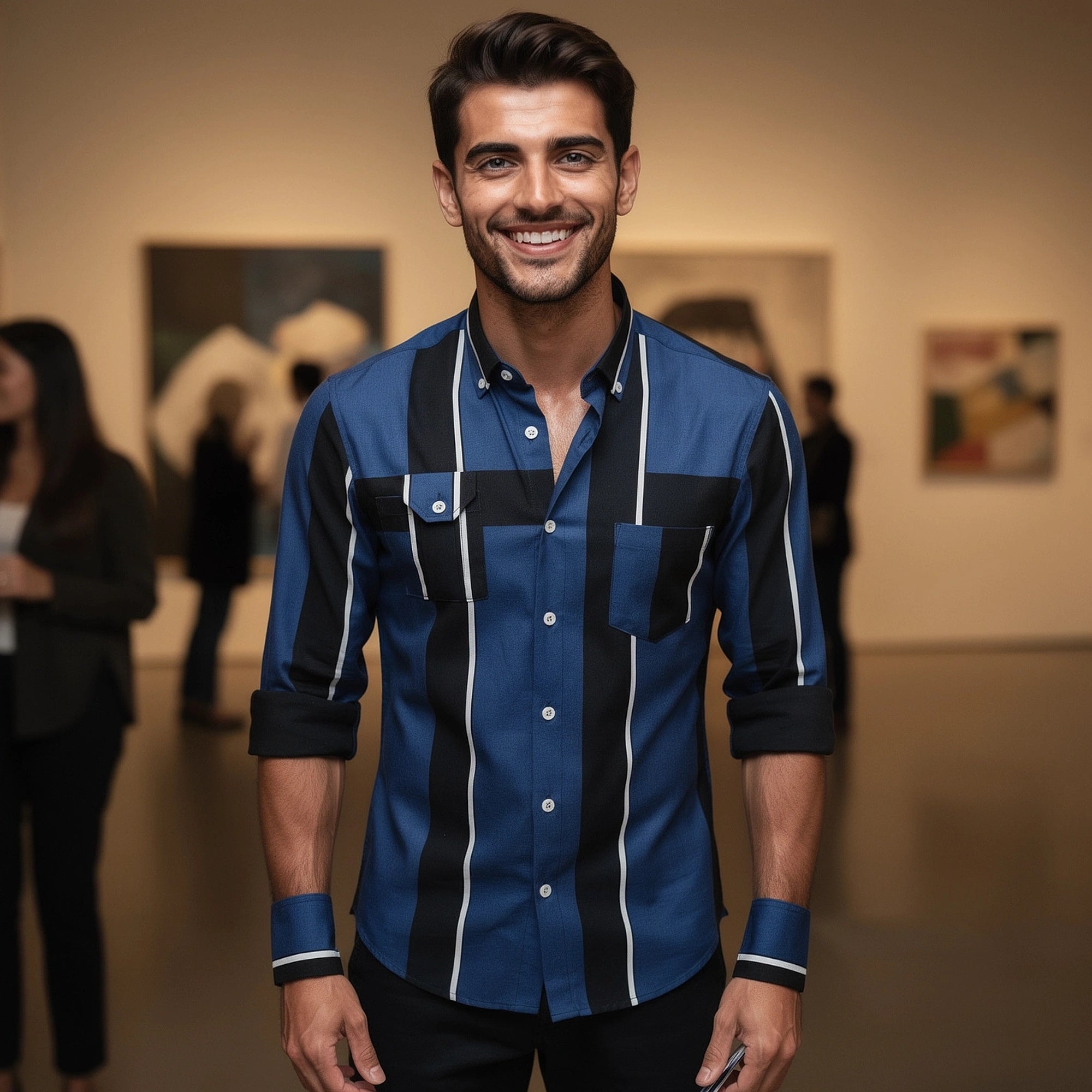 View of a stylish tailored cotton shirt in light blue, showcasing the fabric texture and neat stitching