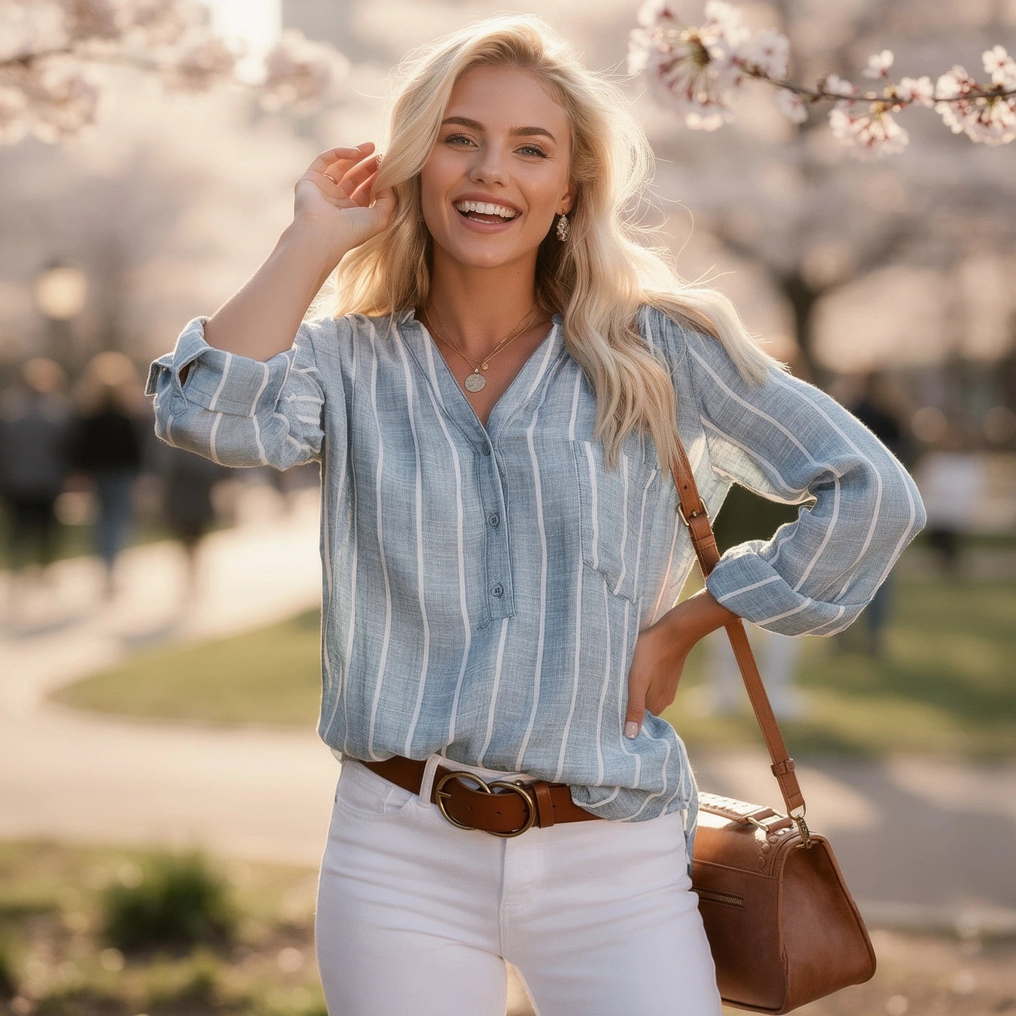 View of a relaxed striped blouse featuring soft fabric, light blue and white stripes, and a comfortable, loose fit