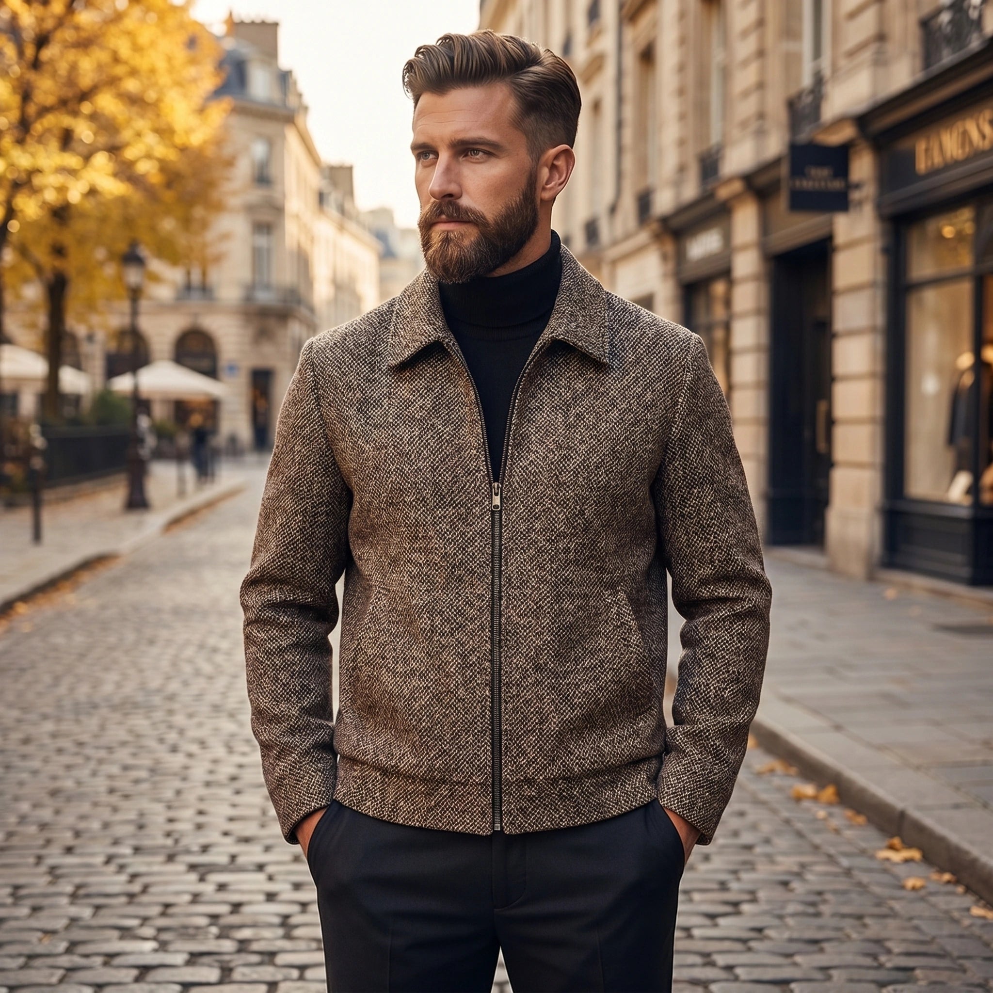 Back view of a model wearing a men's sophisticated warm autumn jacket in a rich navy color, showing detailed stitching and tailored fit against a neutral background.