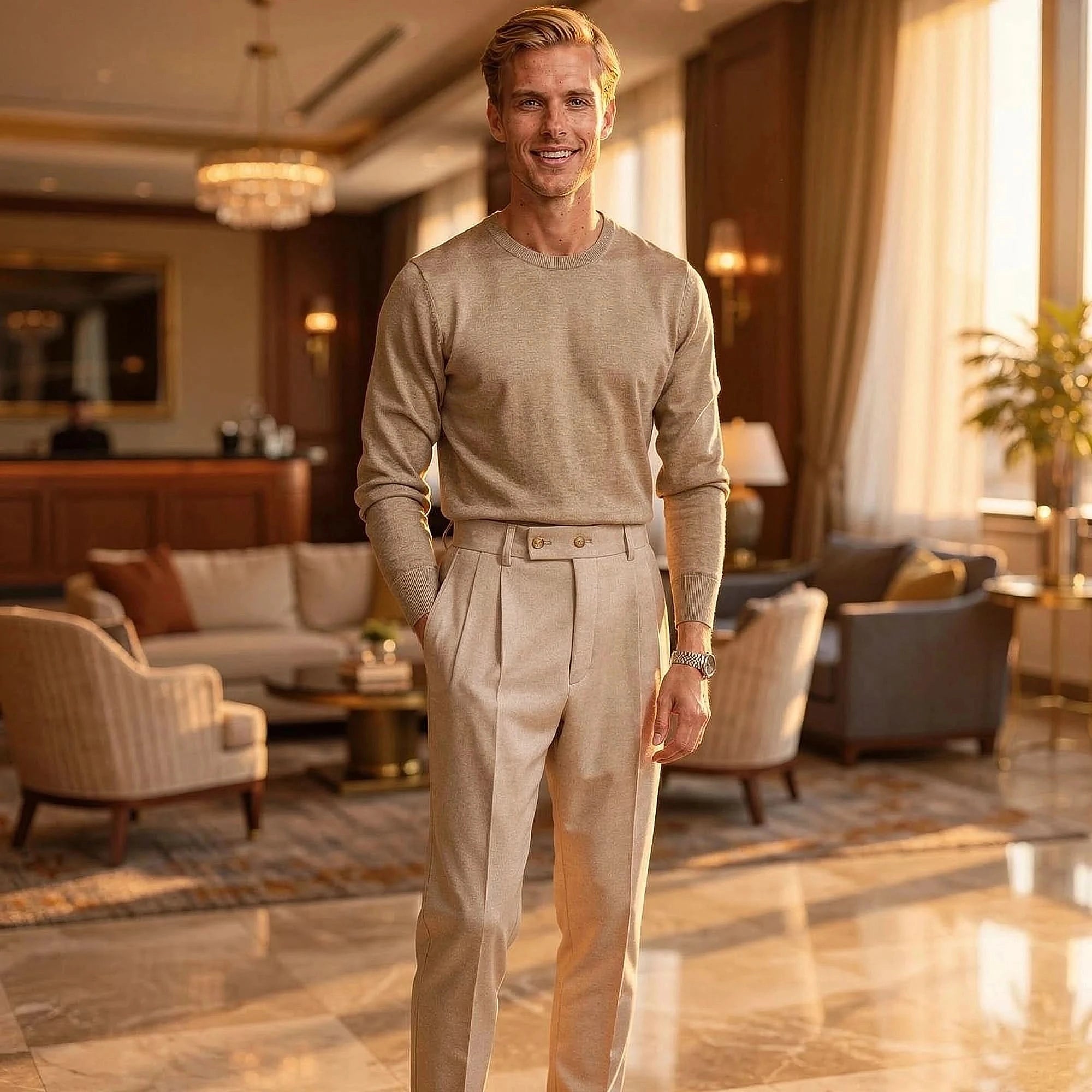 View of tailored high waisted straight trousers in charcoal gray, featuring a sleek design and smooth fabric