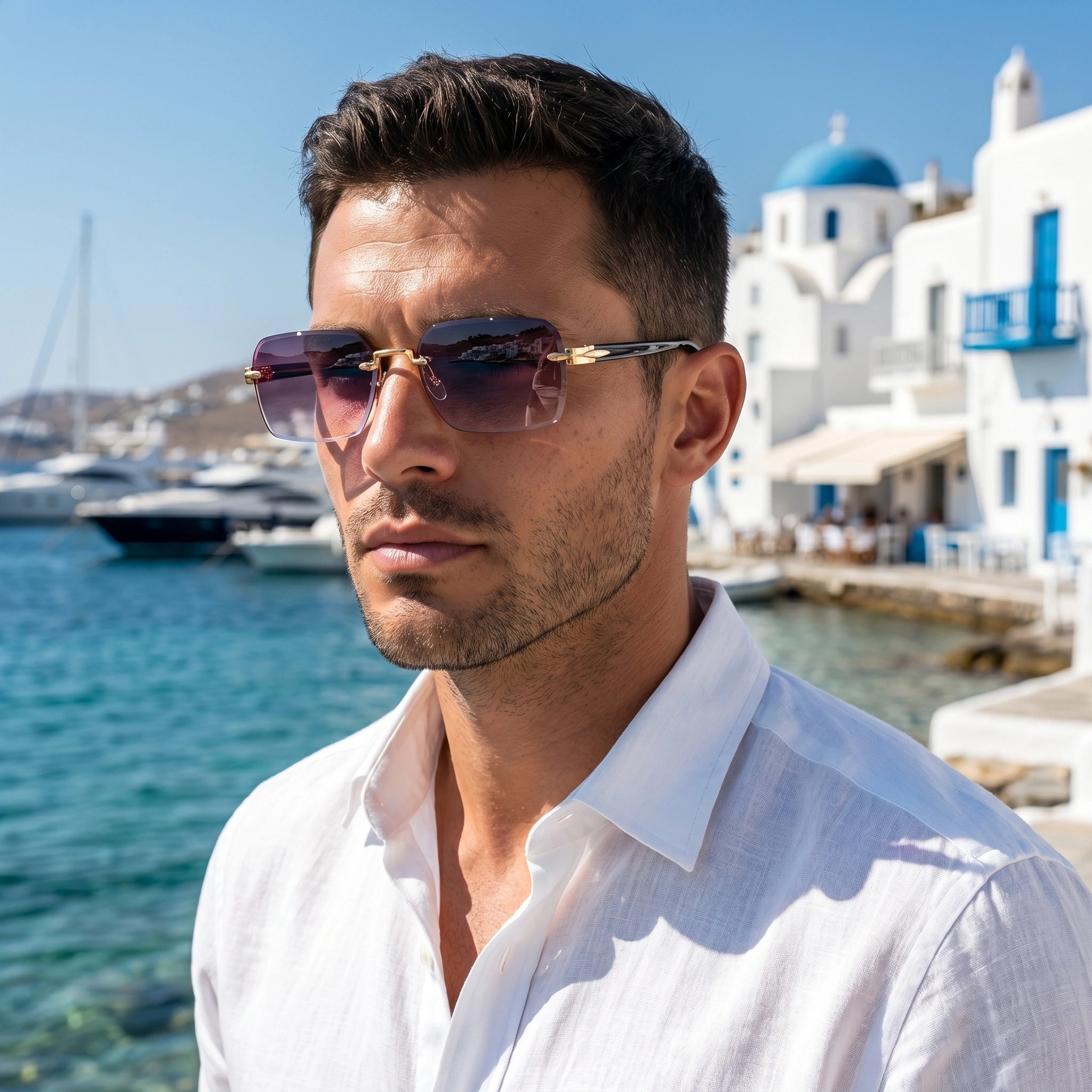 Close up view of the rimless design and sleek detailing of the Men's Rimless Summer Sunglasses, showing their modern and appeal.