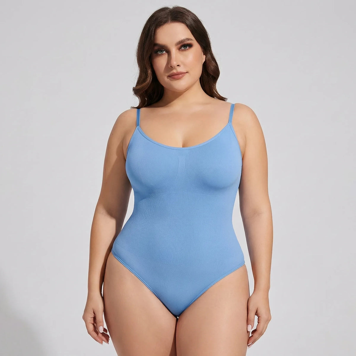 Light blue thong bodysuit with thin straps, front view — 6 — view 6
