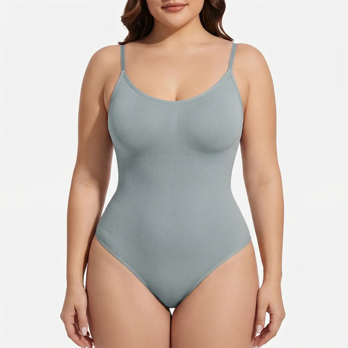 A light gray thong bodysuit with thin straps, front view — 7 — view 7