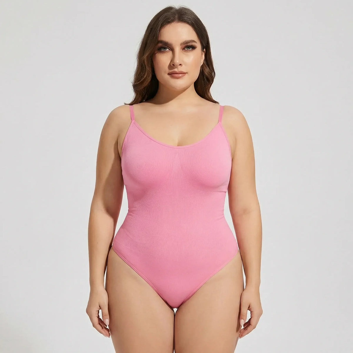 Pink thong bodysuit with adjustable straps, front view — 8 — view 8