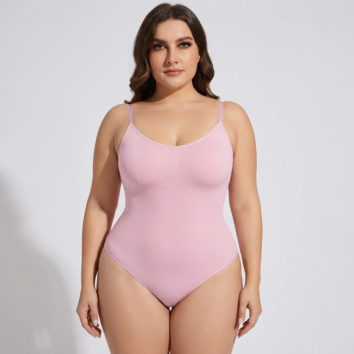 Pink thong bodysuit with spaghetti straps, front view — 9 — view 9
