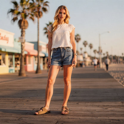 View of chic relaxed summer sandals in light tan, featuring a woven strap design and cushioned footbed