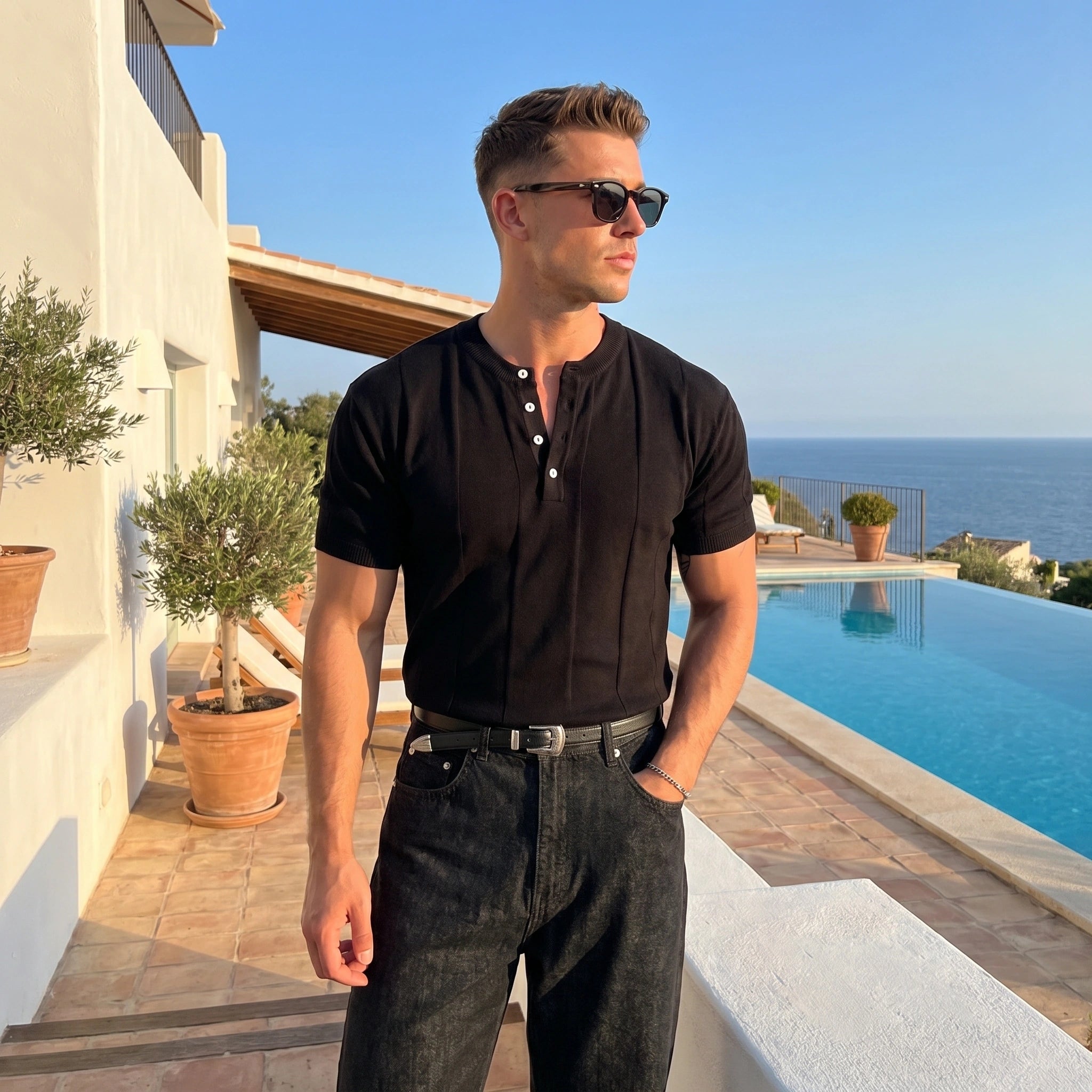 Close up view of the Mens Relaxed Luxury Summer Tee showing its soft fabric texture, refined stitching, and design details against a neutral background.